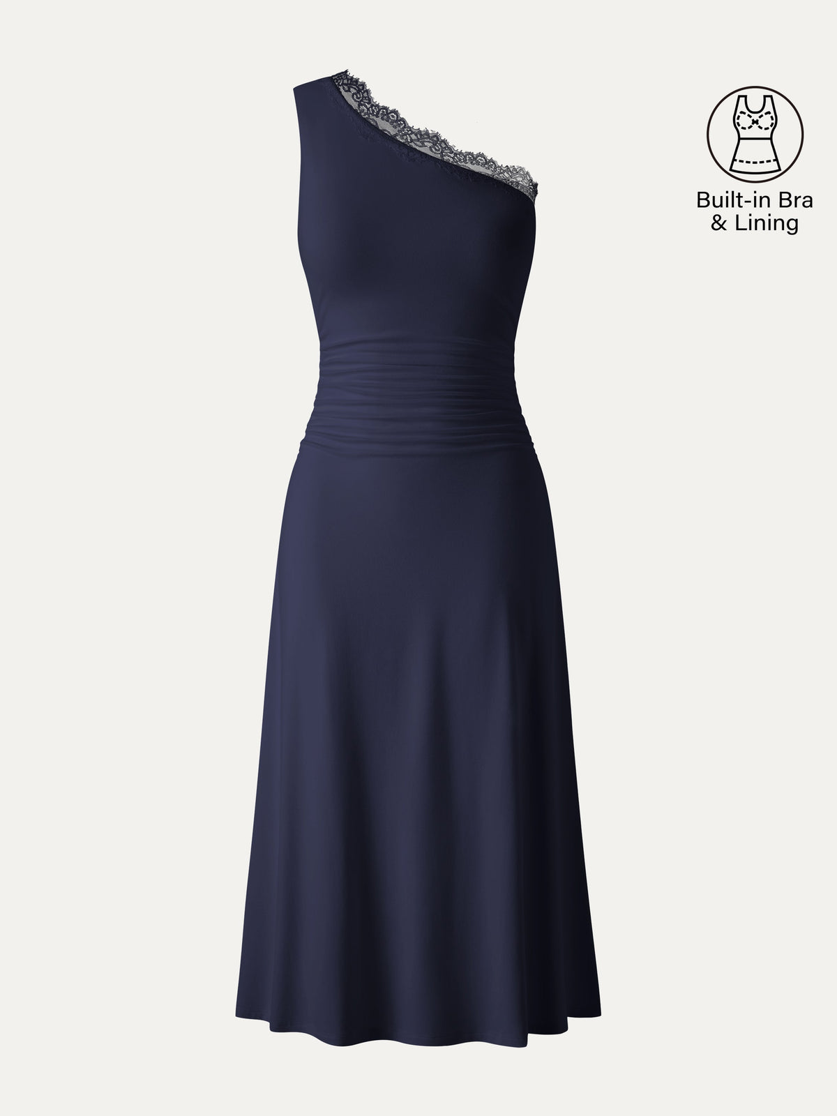 OGLmove Women's Lace Trim One Shoulder Ruched Midi Bra Dress