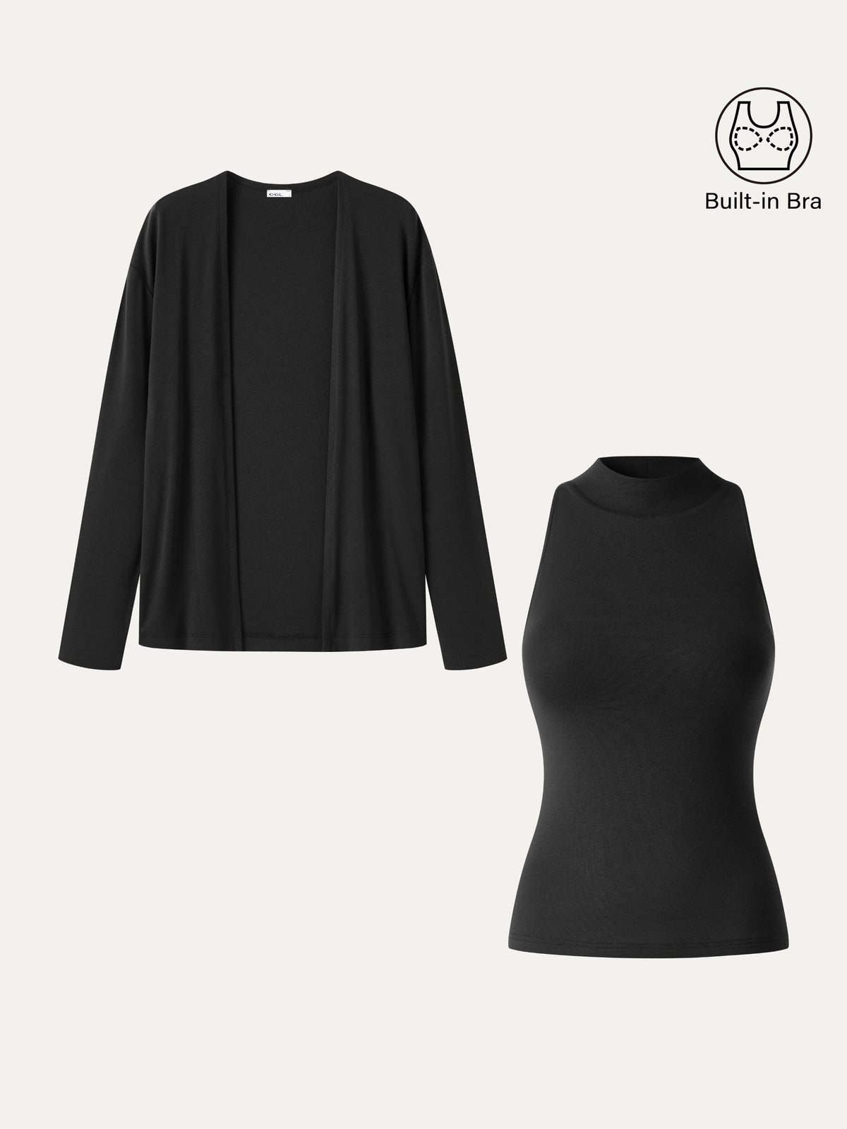 OGLmove Women's Mock Neck Bra Top & Open-Front Long Sleeve Cardigan Set