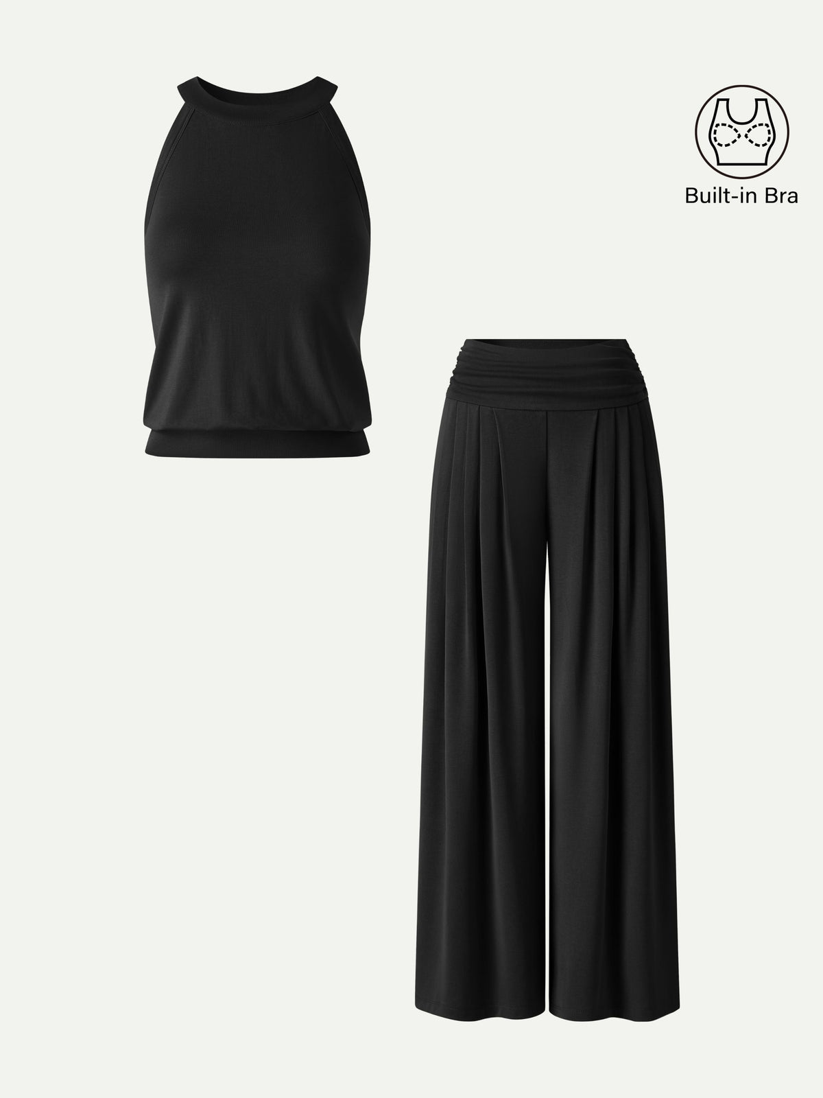 Women's Halter Neck Bra Tank & Tucked Pant with Pockets 2-Piece Set
