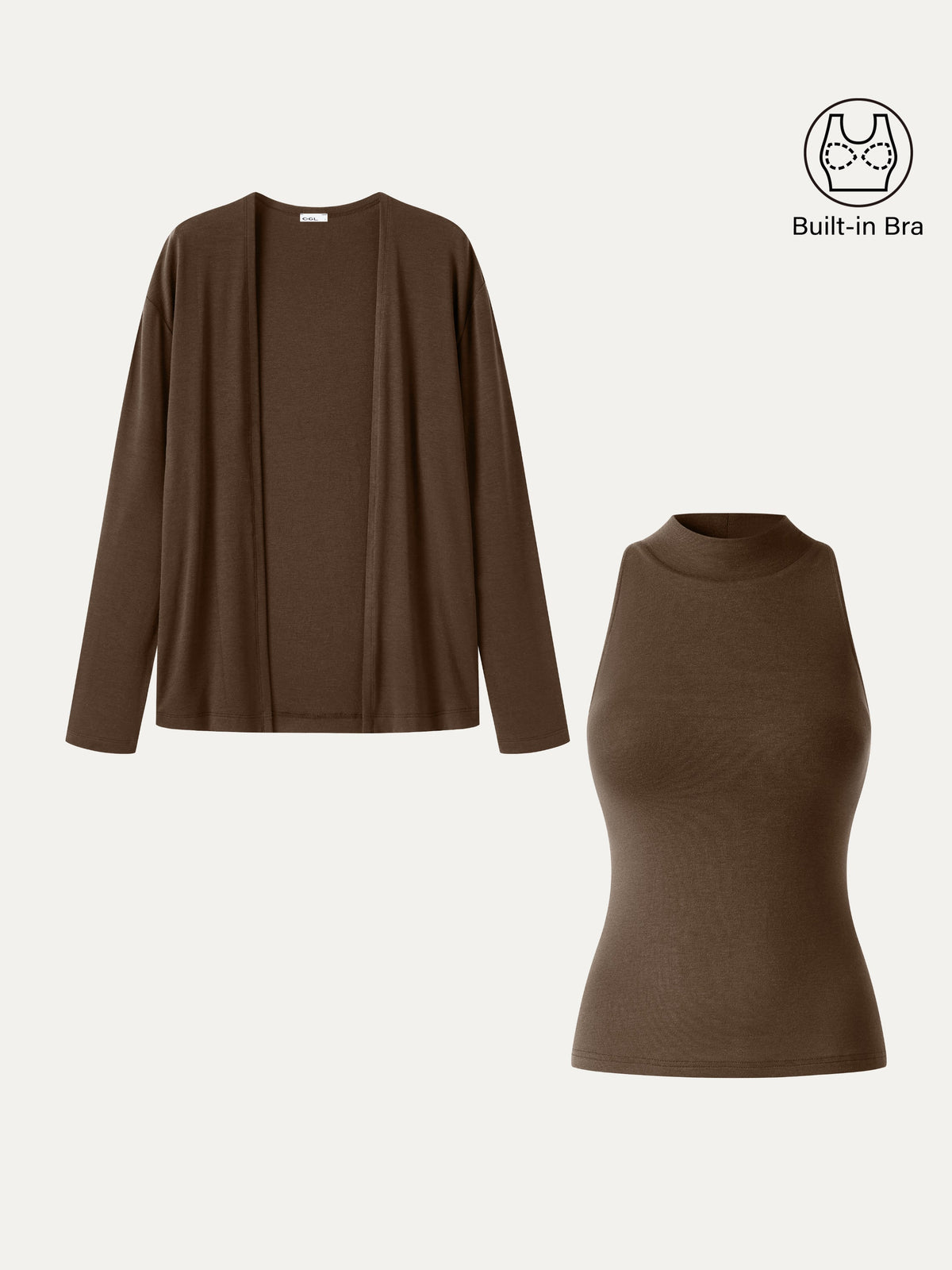 OGLmove Women's Mock Neck Bra Top & Open-Front Long Sleeve Cardigan Set