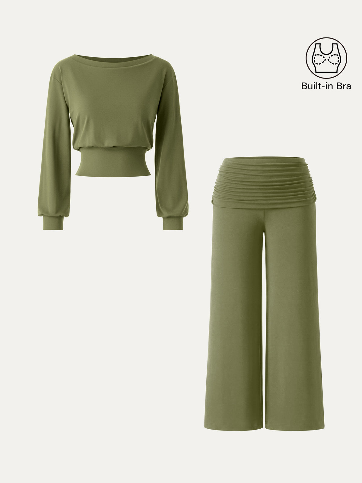OGLmove Women's Boatneck Bra & Wide Leg Pants Set with Pockets