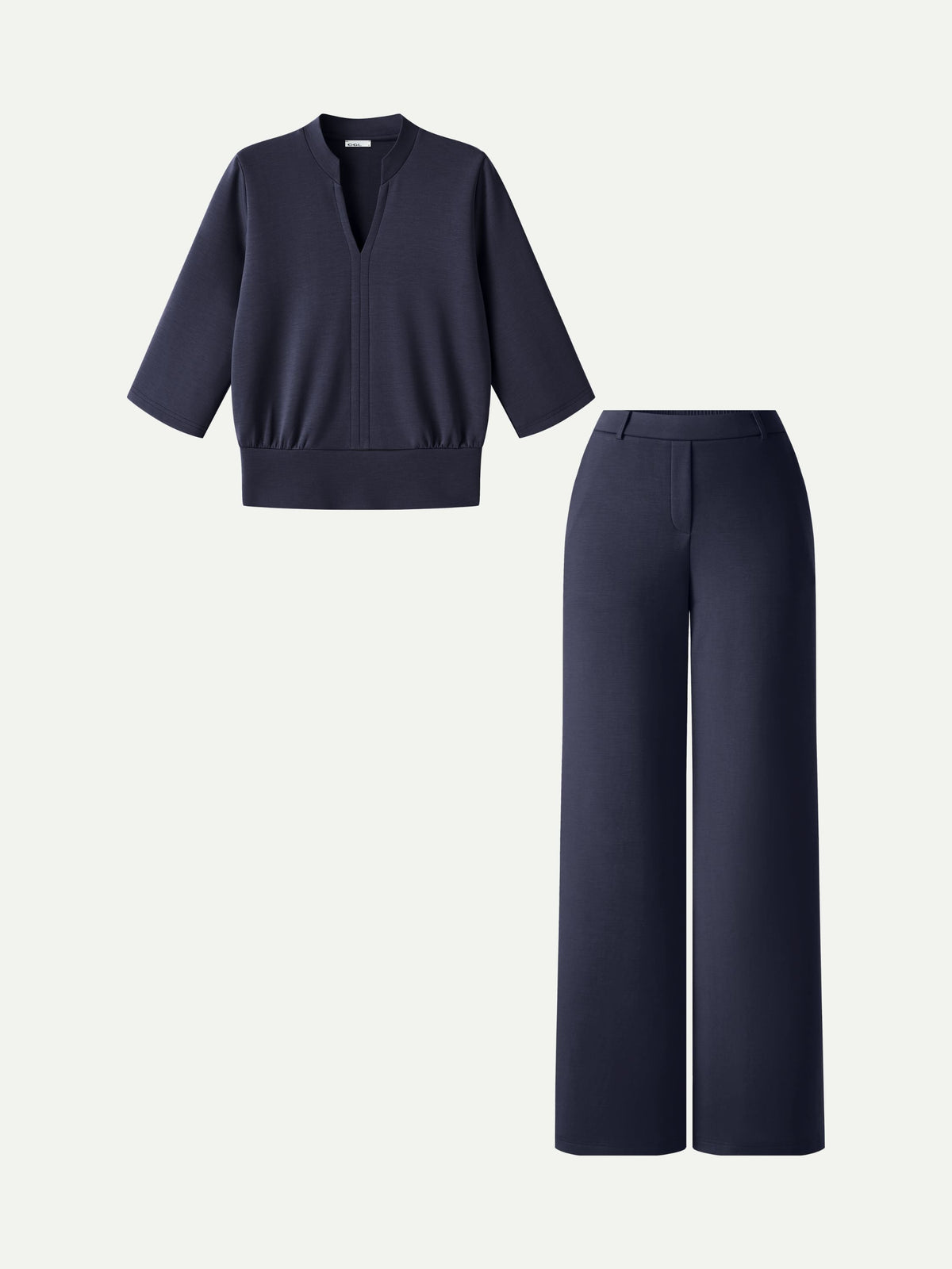 OGLmove Women's V-Neck Elbow Sleeve Top & High-Rise Wide Leg Pants Set with Pockets