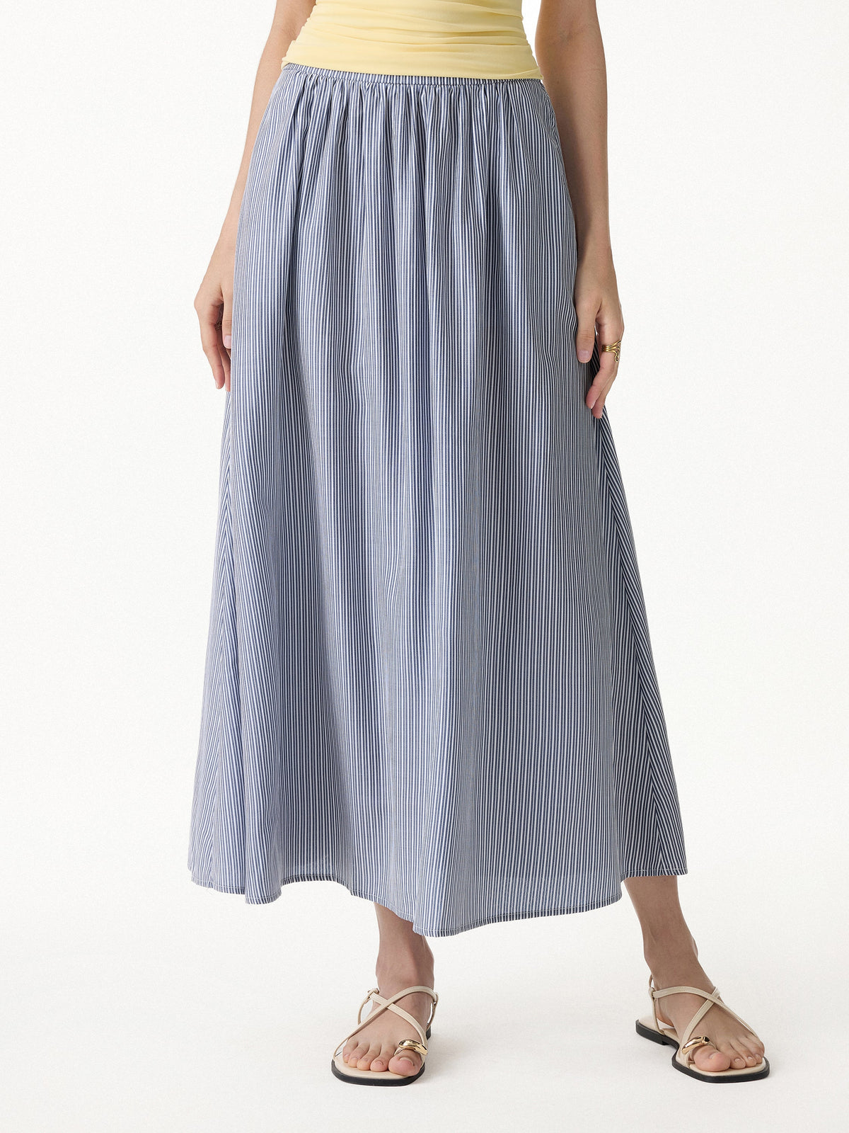 OGLmove Women's Striped Poplin High Rise Umbrella Midi Skirt with Pockets
