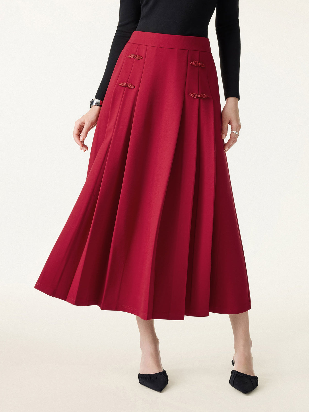OGLmove Women's Pleated Frog Button Decor Midi A-Line Skirt