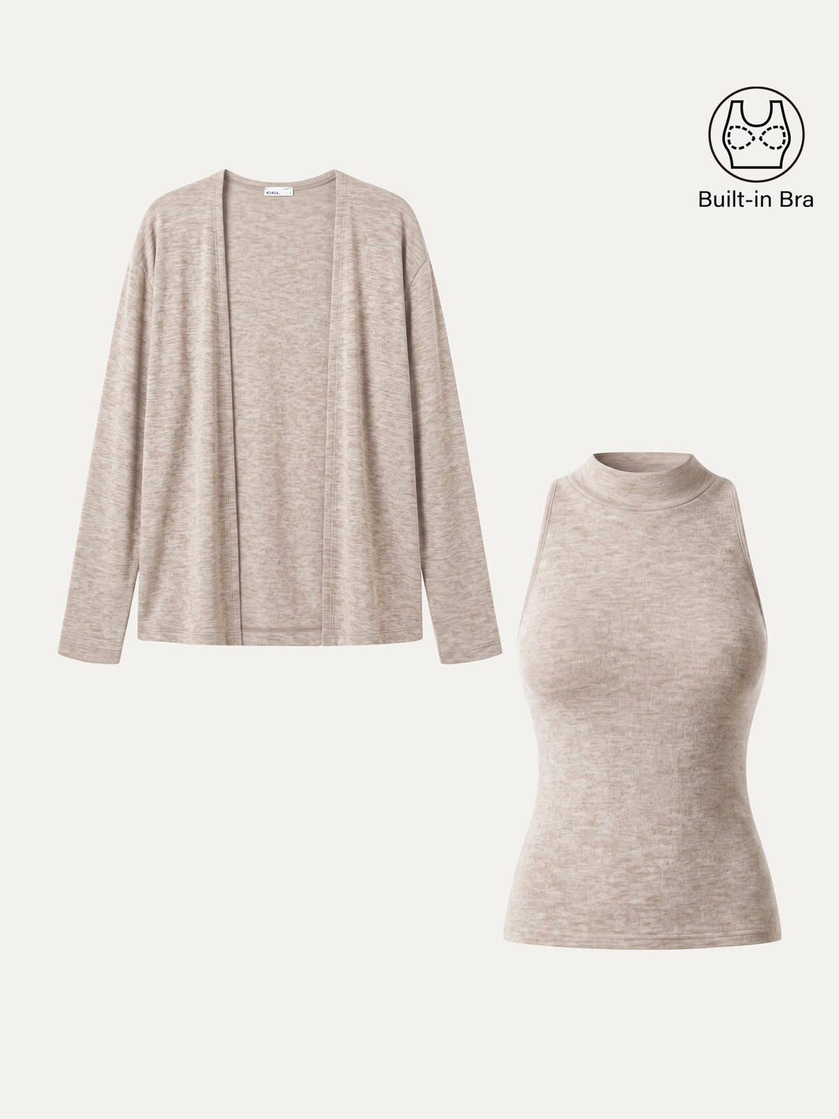 OGLmove Women's Mock Neck Bra Top & Open-Front Long Sleeve Cardigan Set