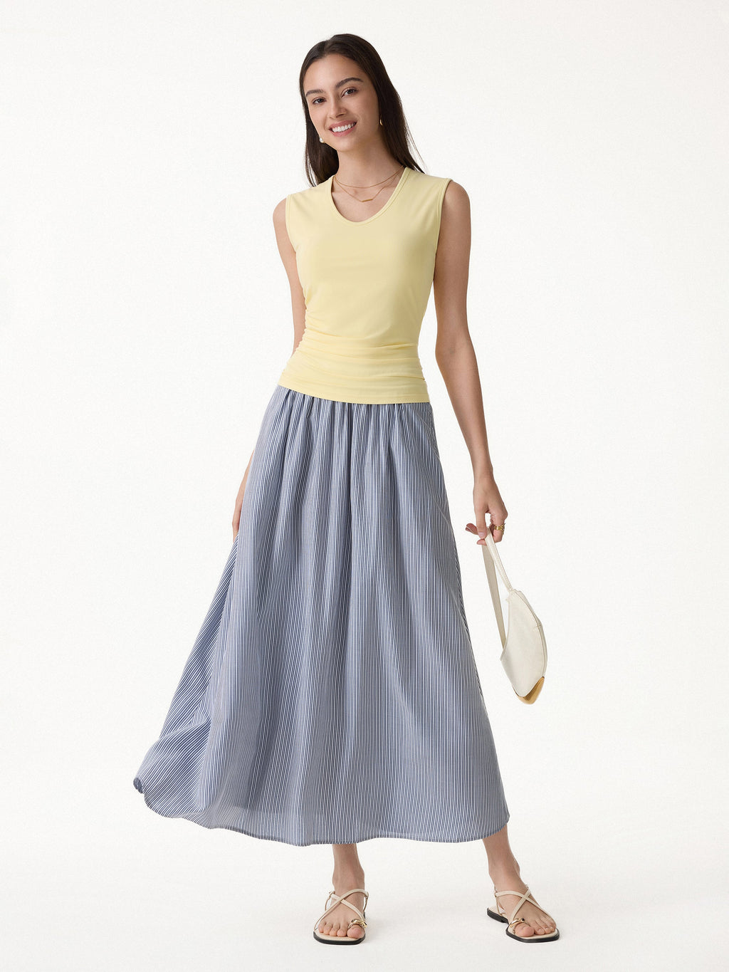 OGLmove Women's Striped Poplin High Rise Umbrella Midi Skirt with Pockets