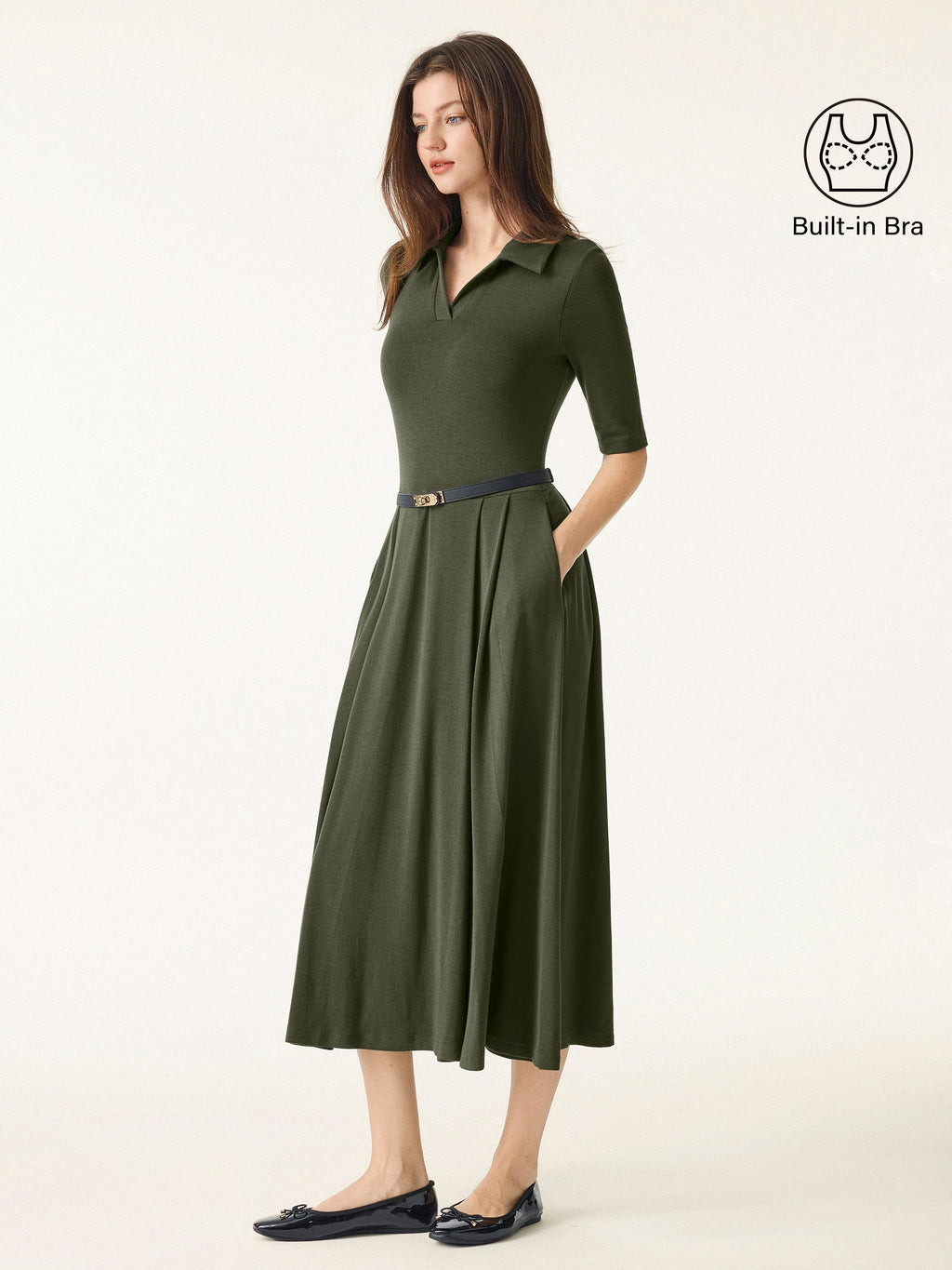 OGLmove Women's Polo Neck Elbow Length Sleeve Midi Bra Dress with Pockets