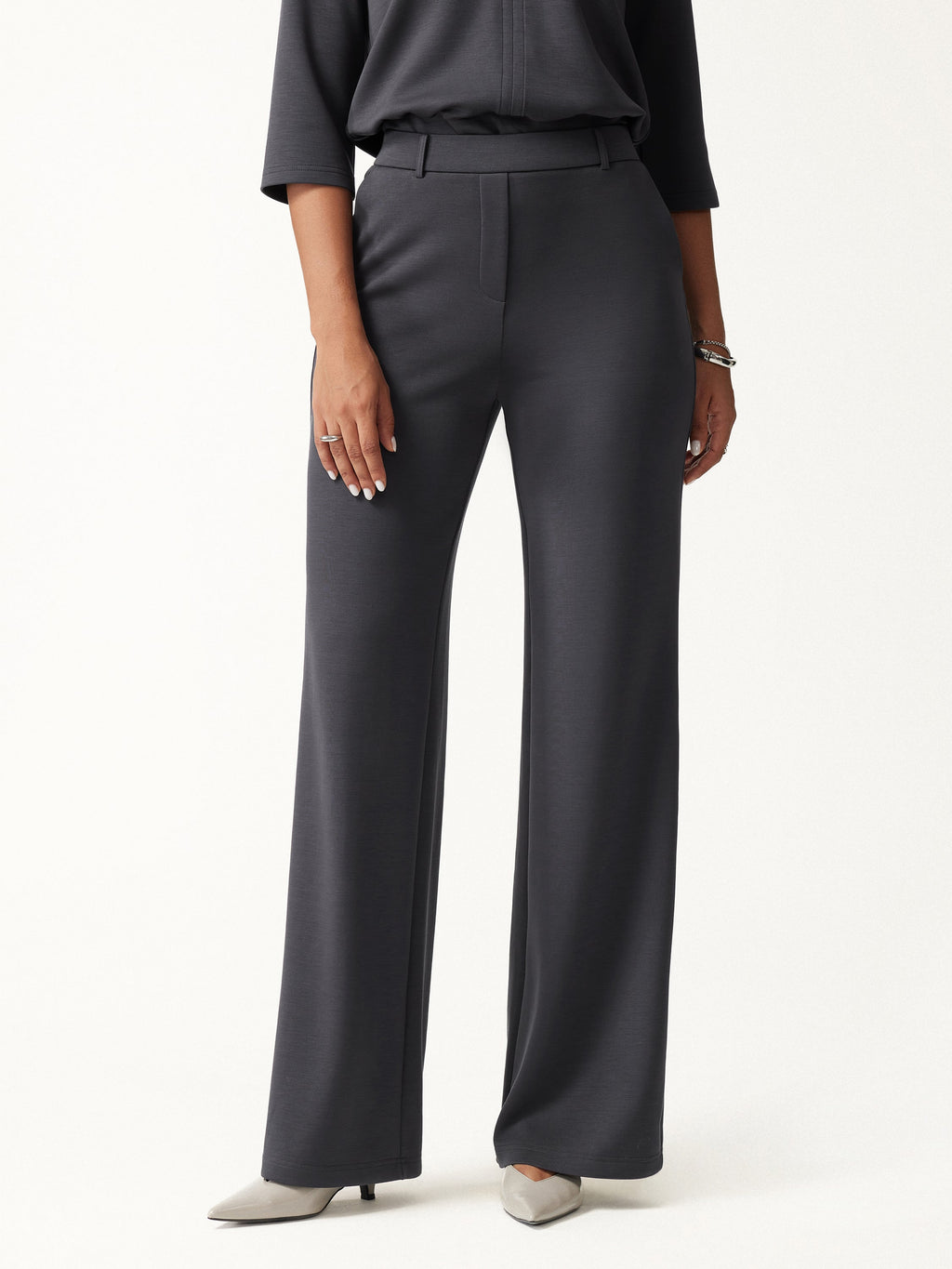 OGLmove Women's V-Neck Elbow Sleeve Top & High-Rise Wide Leg Pants Set with Pockets