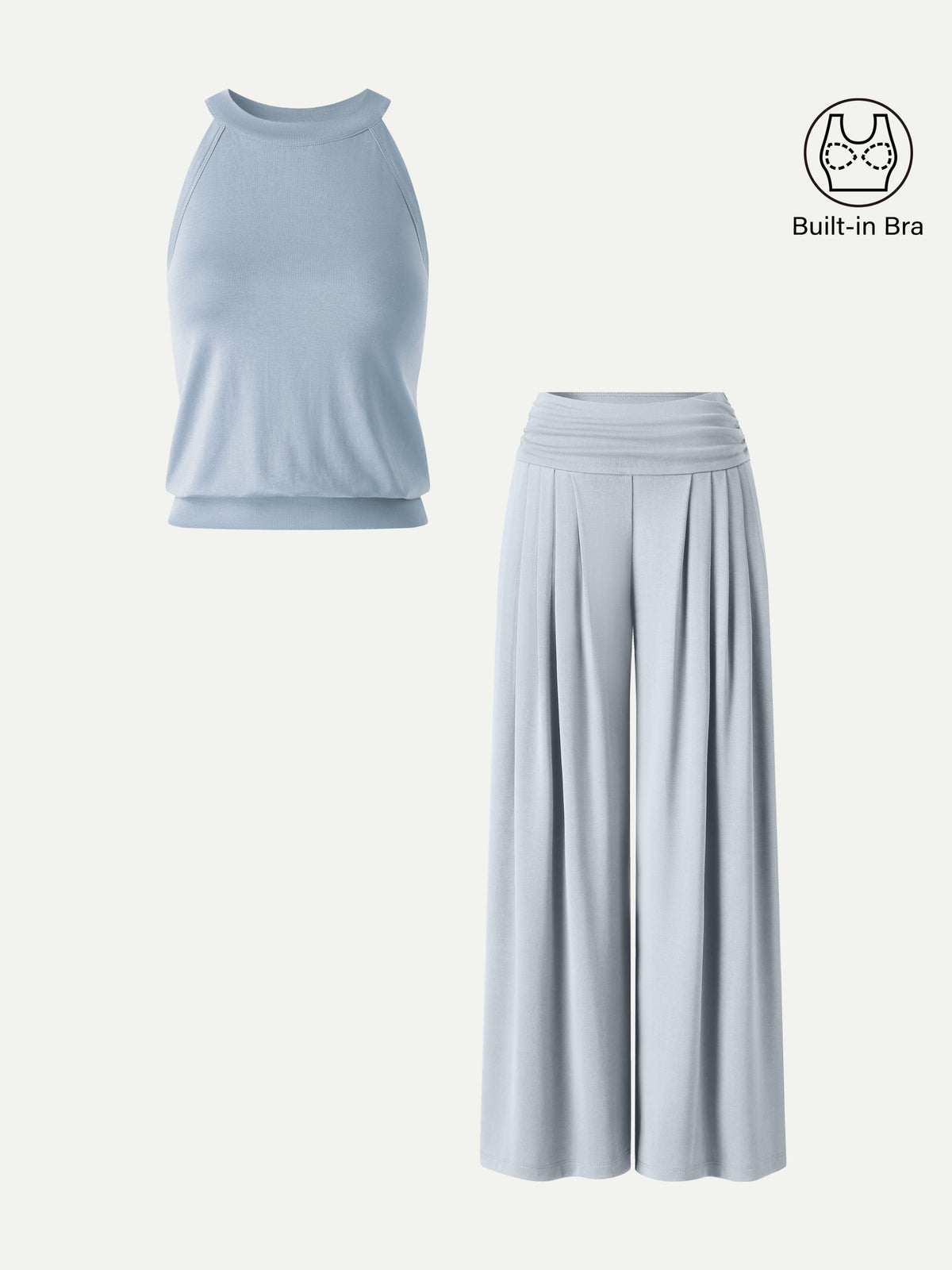 Women's Halter Neck Bra Tank & Tucked Pant with Pockets 2-Piece Set