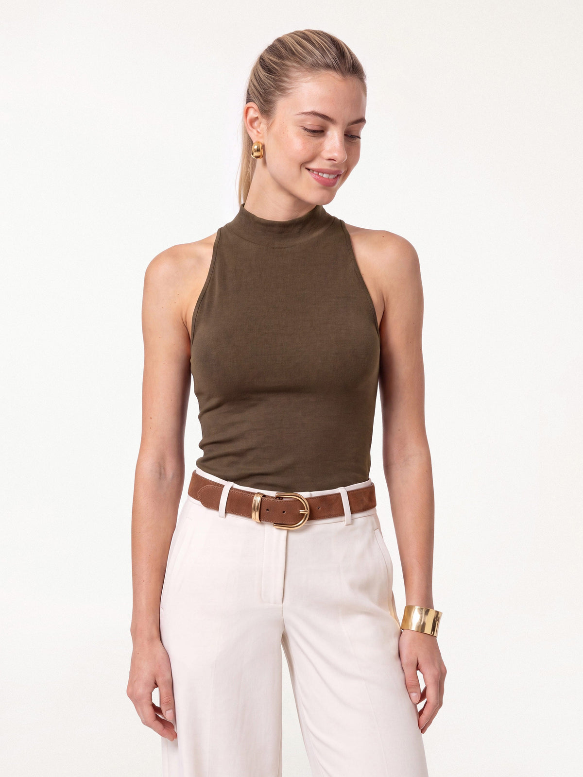 OGLmove Women's Lyocell-Wool Knit Mock Neck Bra Top
