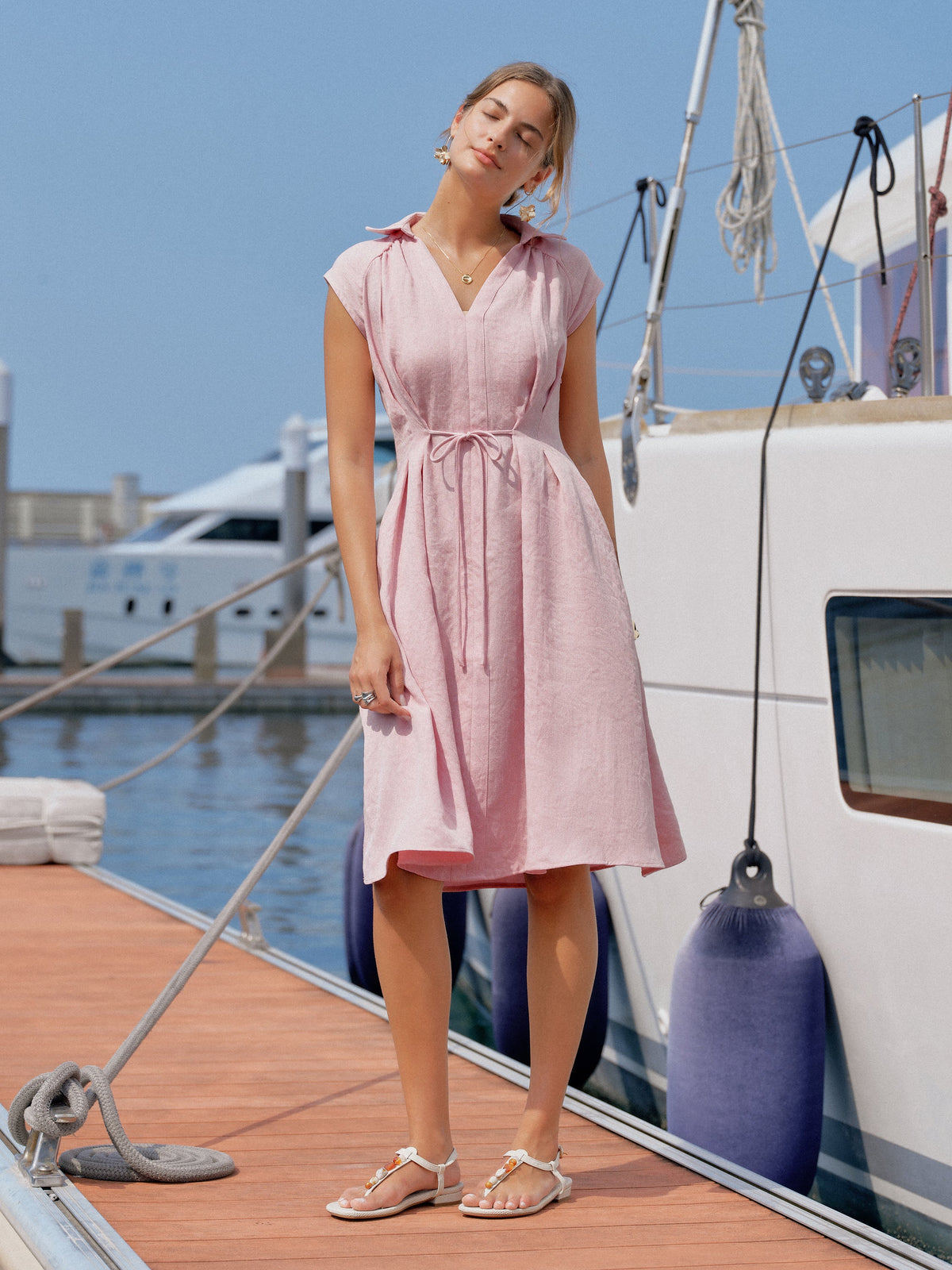 OGLmove Women's Viscose-Linen V-Neck Drawstring Midi Dress