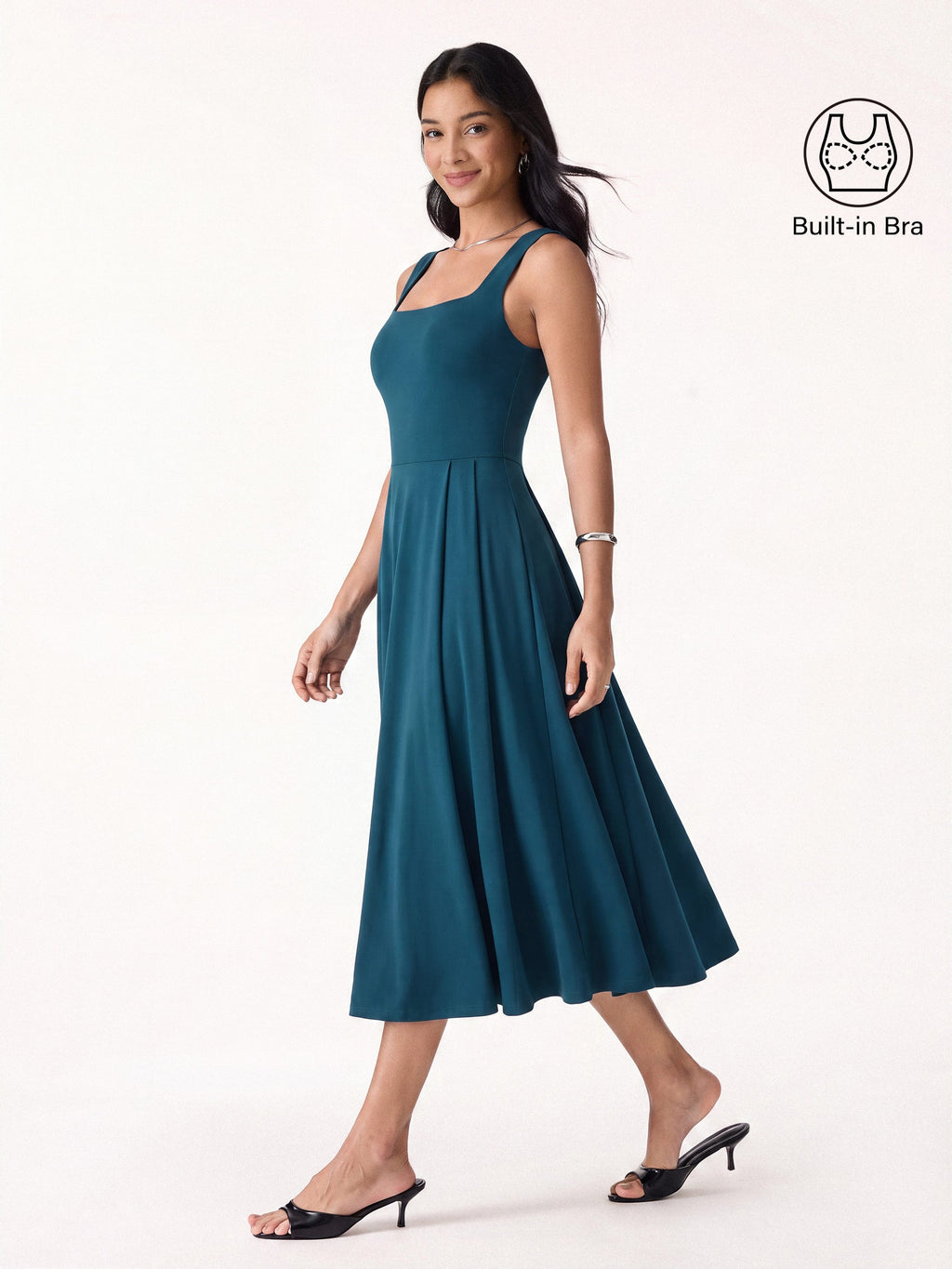 OGLmove Women's Square Neck Sleeveless Midi Bra Dress with Pockets