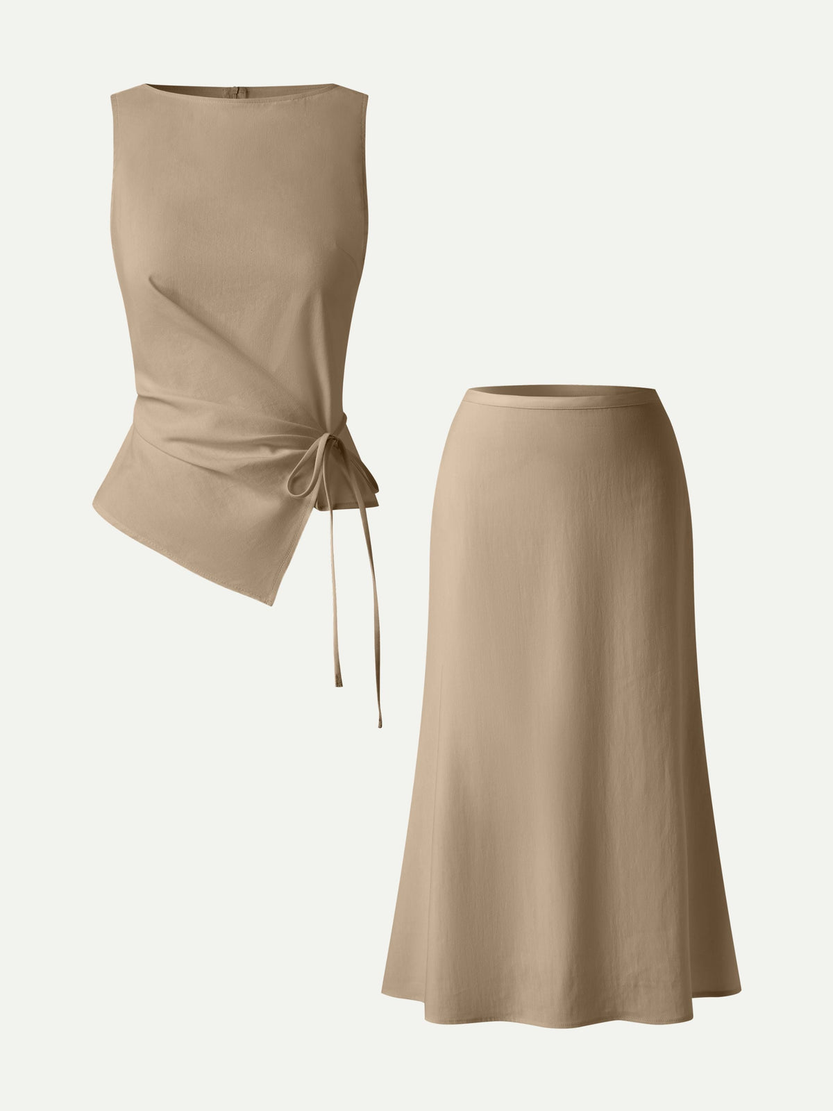 OGLmove Women's Stretch Cotton Boatneck Waist-Defined Top & Maxi Flared Pull-On Skirt Set