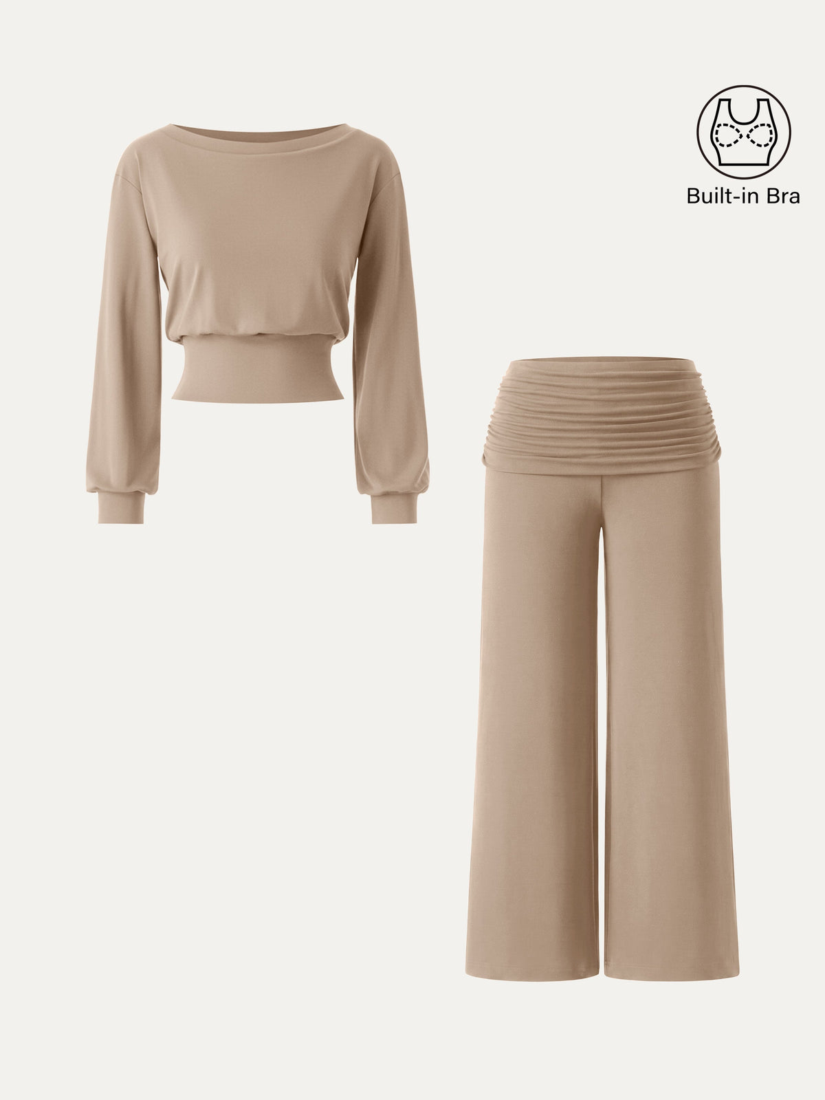 OGLmove Women's Boatneck Bra & Wide Leg Pants Set with Pockets
