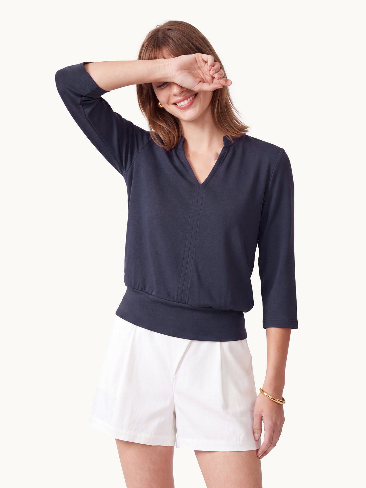 OGLmove Women's Lyocell Spacer Knit V-Neck Elbow Sleeve Banded Top