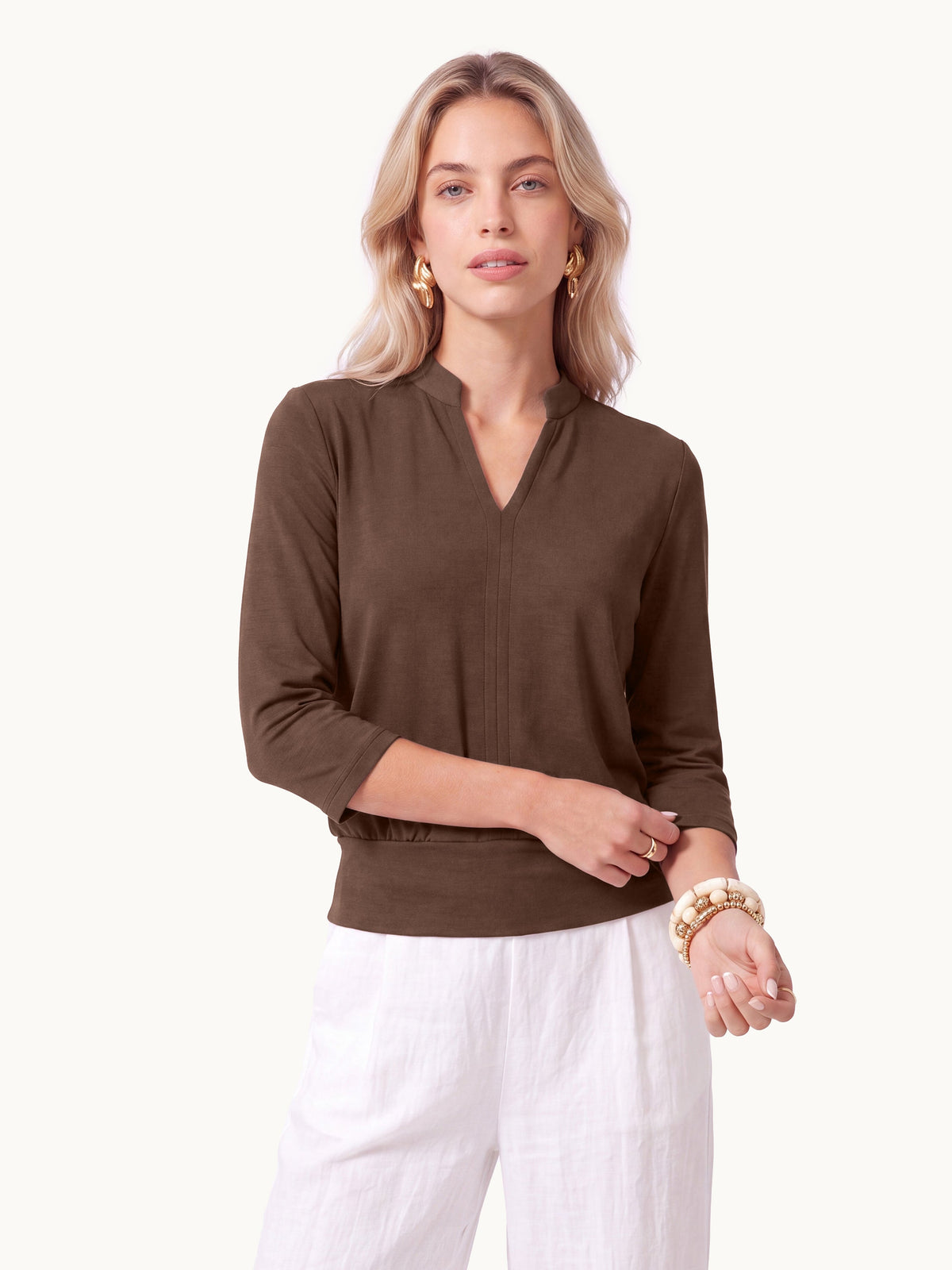 OGLmove Women's Lyocell Spacer Knit V-Neck Elbow Sleeve Banded Top