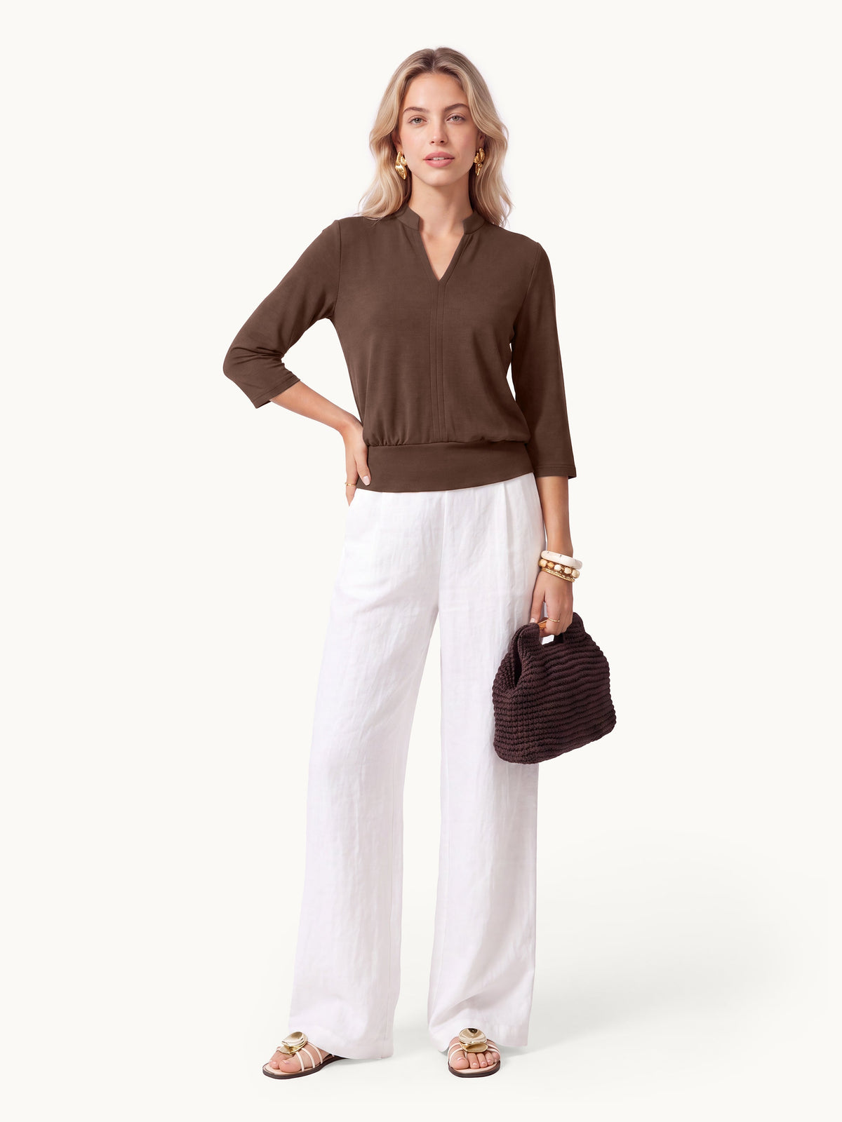 OGLmove Women's Lyocell Spacer Knit V-Neck Elbow Sleeve Banded Top
