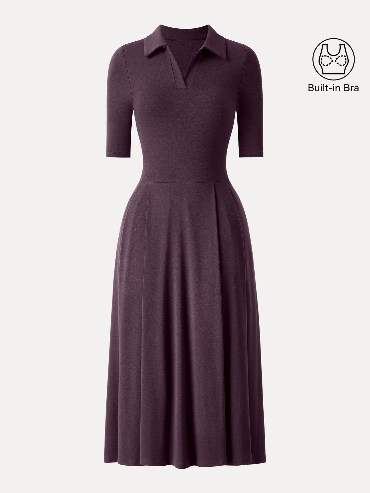 OGLmove Women's Polo Neck Elbow Length Sleeve Midi Bra Dress with Pockets