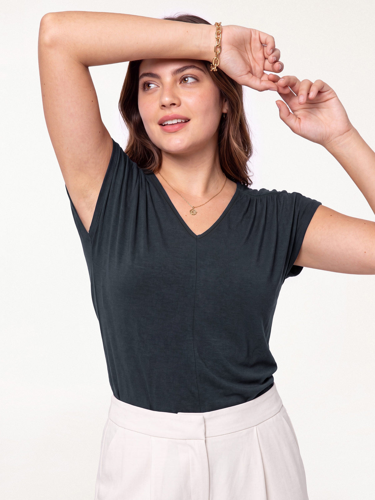 OGLmove Women's Modal Relaxed V-Neck Gathered Shoulder Top