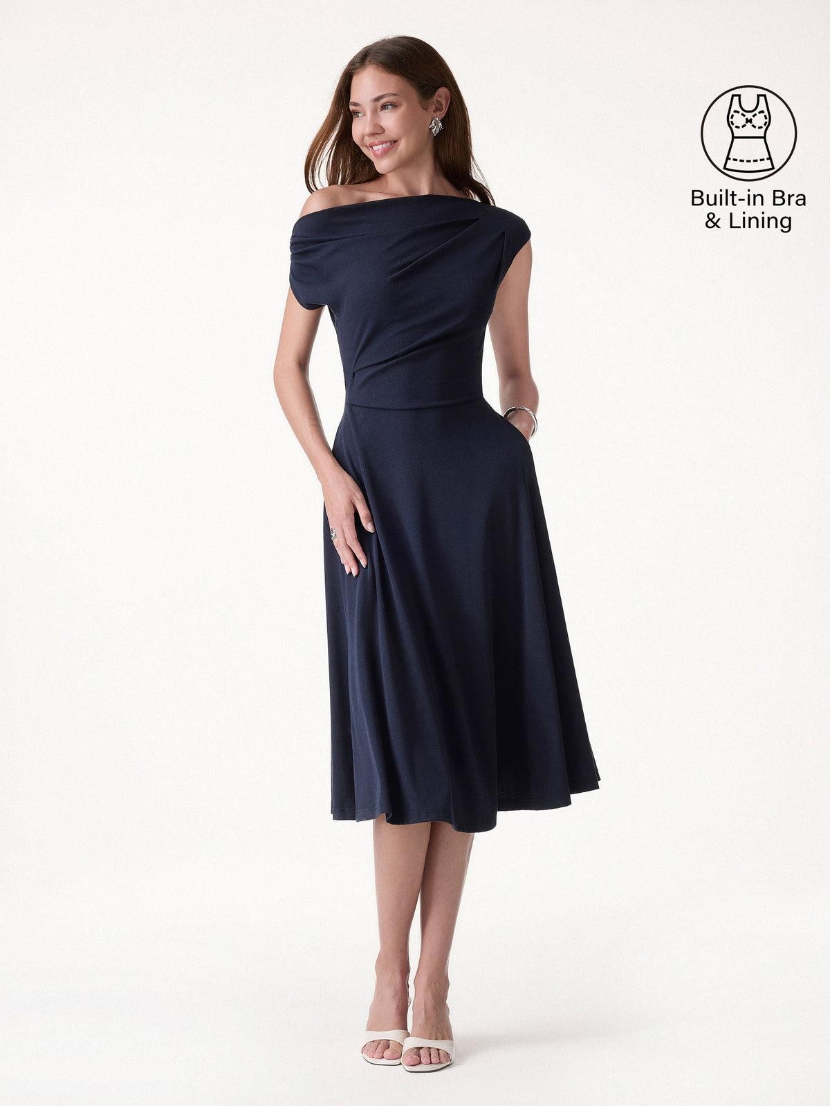 OGLmove Women's Asymmetrical Shoulder Tucked Midi Bra Dress with Pockets