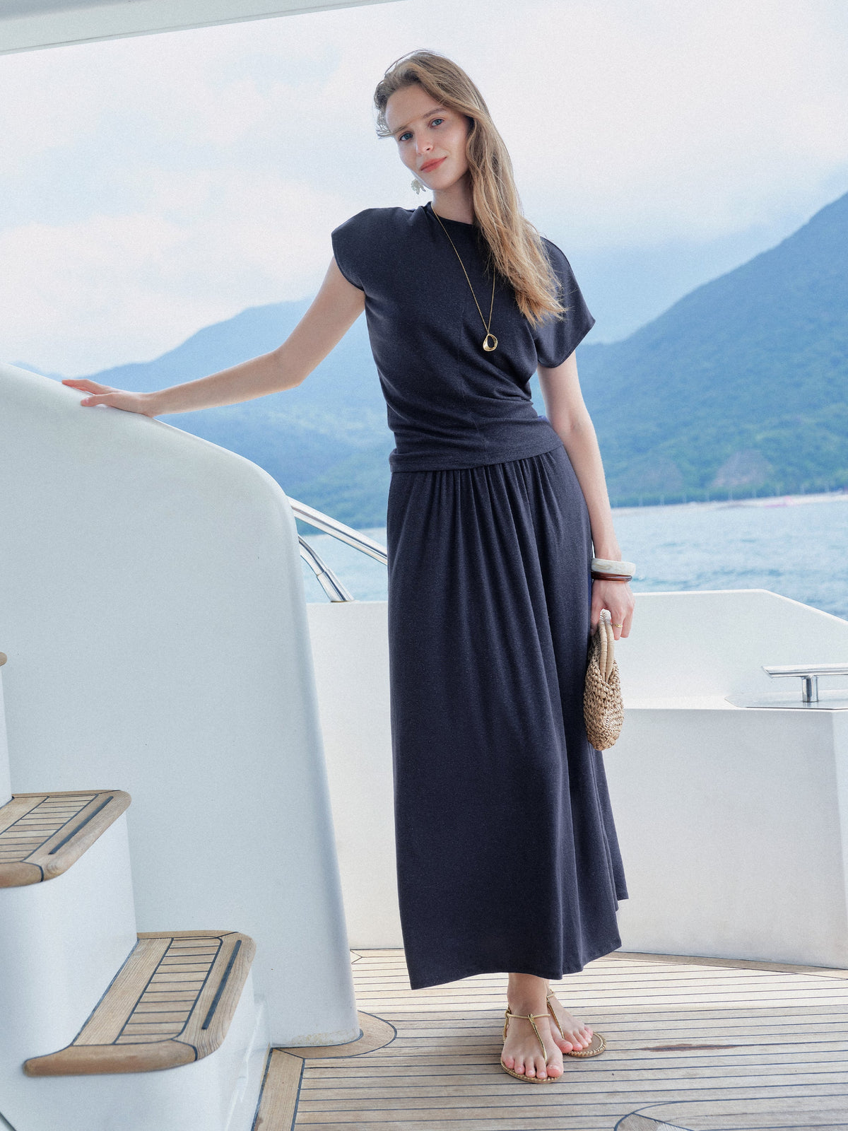 OGLmove Women's Round Neck Top & A-Line Maxi Skirt Set