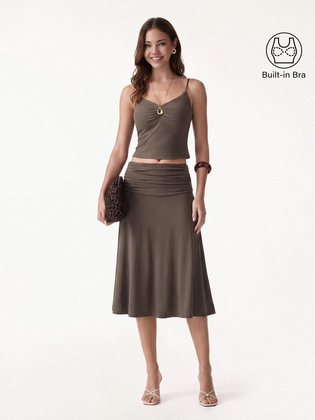 OGLmove Women's Side Ruched A-Line Midi Skirt