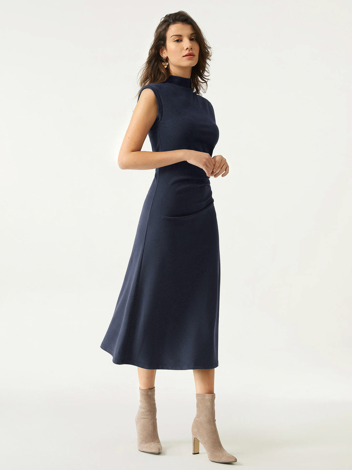 OGLmove Women's Mockneck Tucks Midi Dress