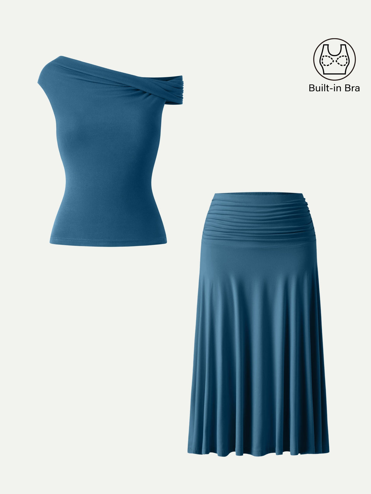 OGLmove Women's Multi-Wear Bra Top & Side Ruched A-Line Midi Skirt Set