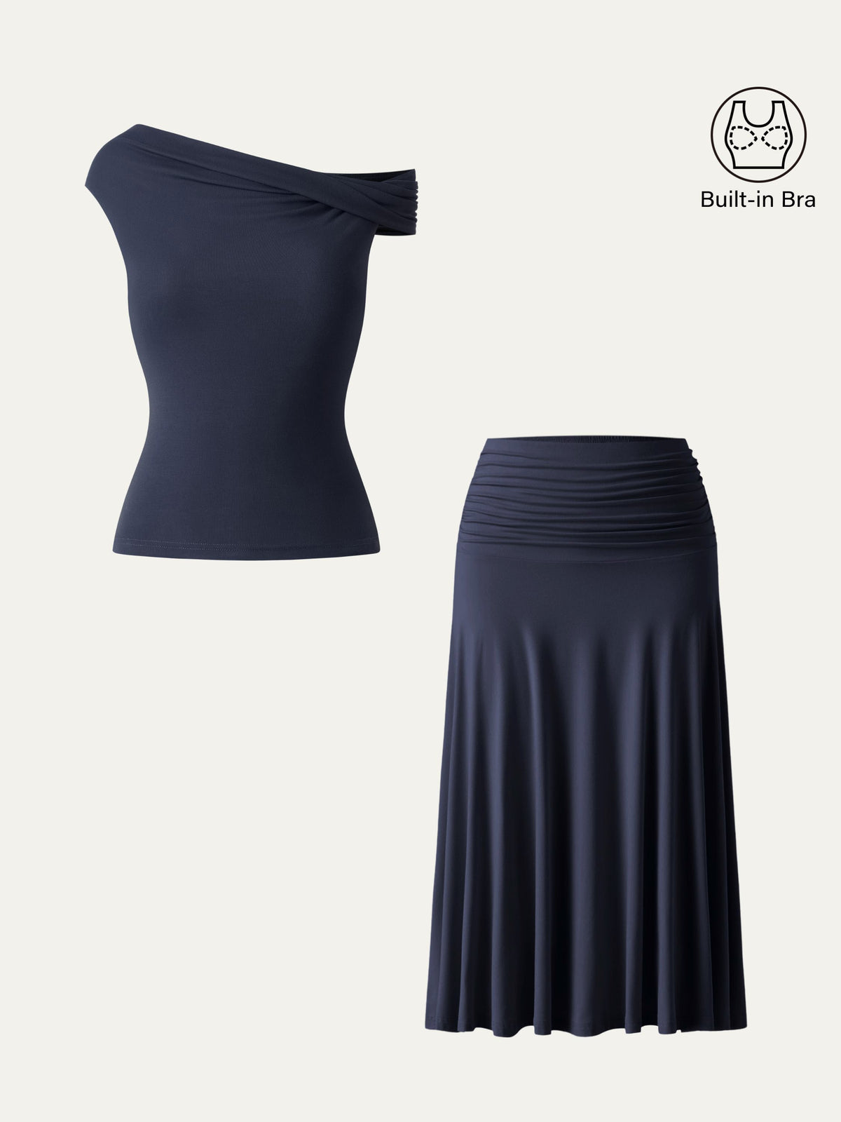 OGLmove Women's Multi-Wear Bra Top & Side Ruched A-Line Midi Skirt Set