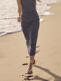 OGLmove Women's Low Rise Folded Waist Striped Midi Skirt