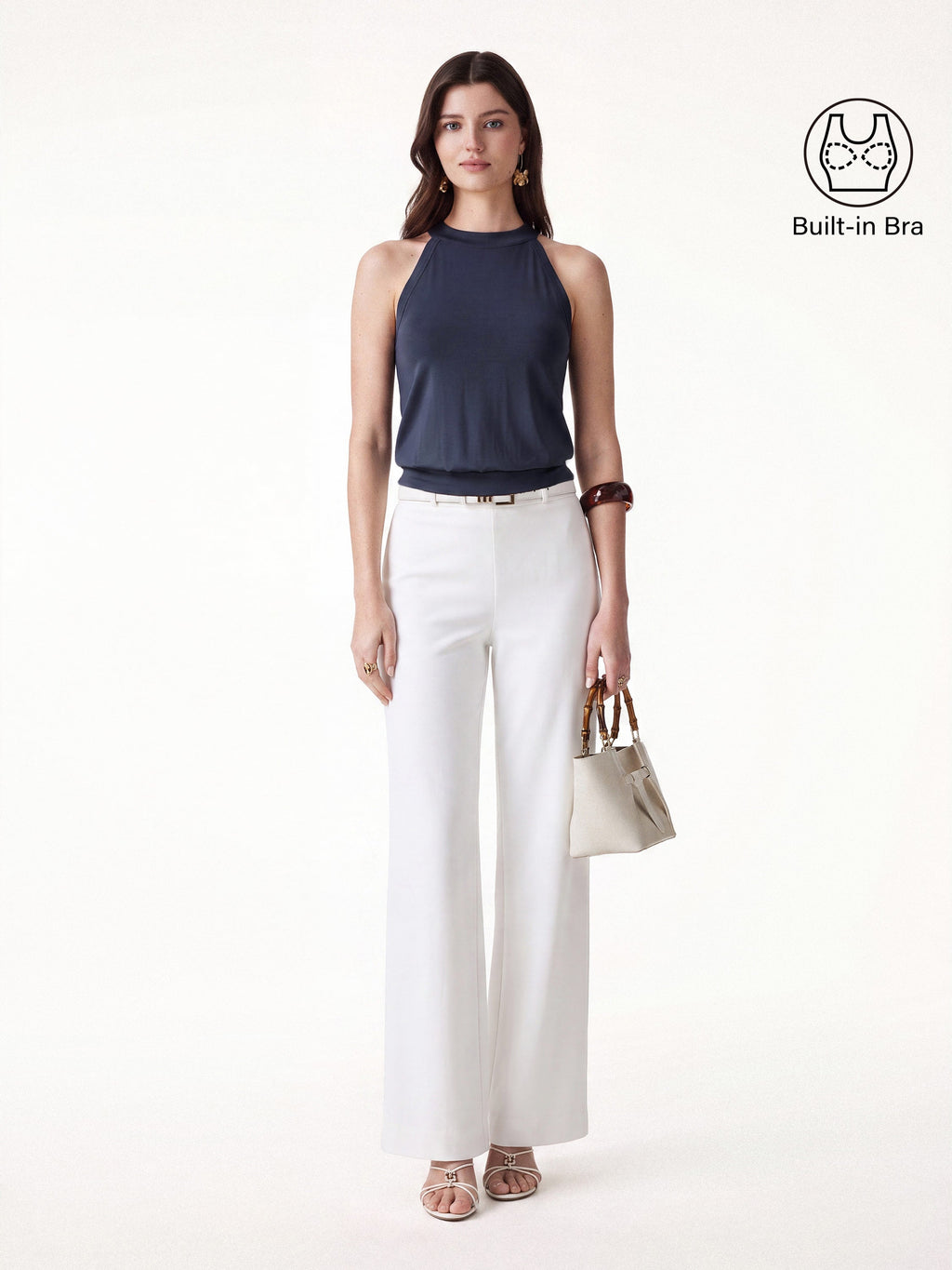 OGLmove Women's Halter Neck Bra Top & Wide Leg Pants Set with Pockets