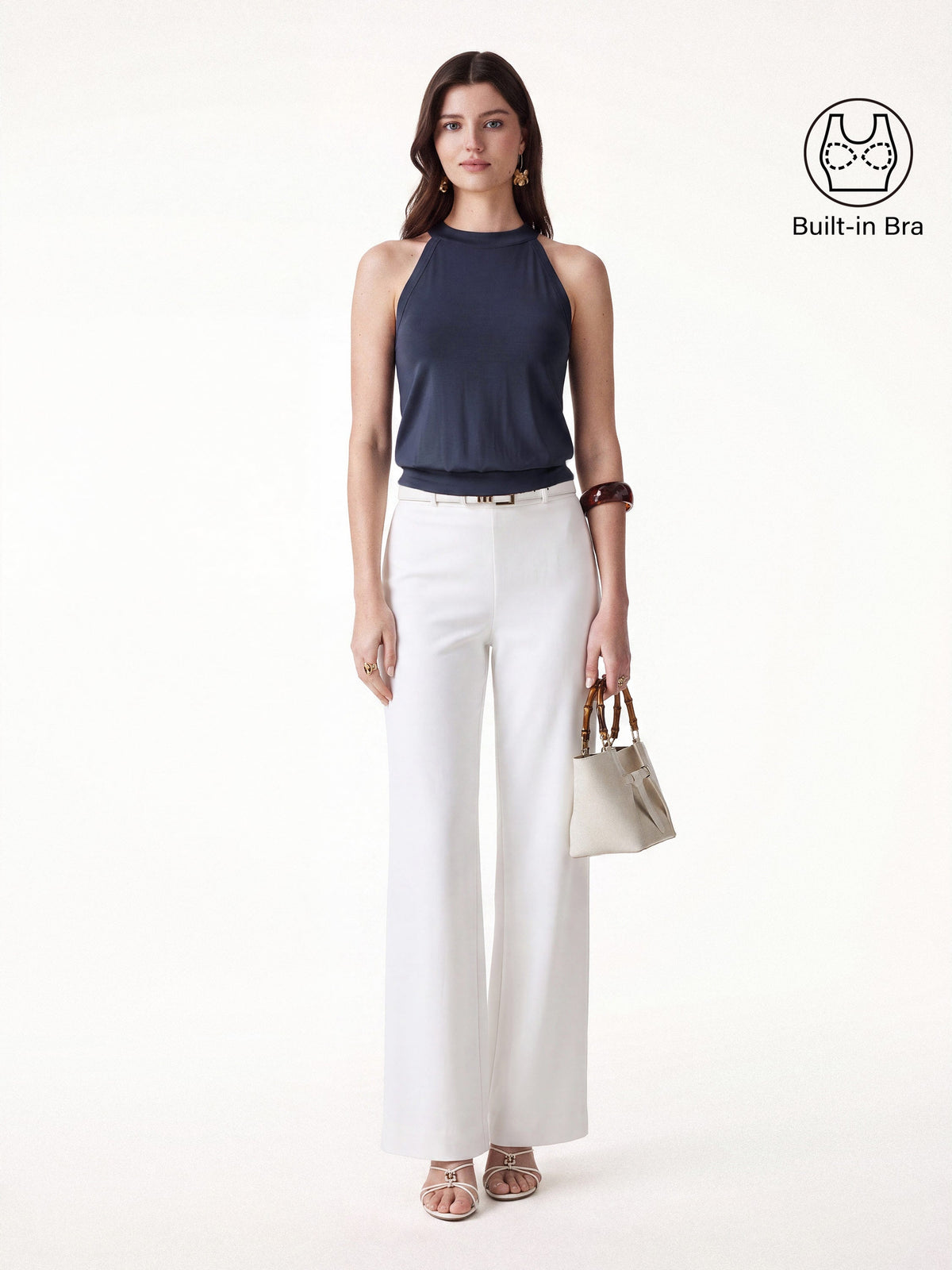 OGLmove Women's Halter Neck Bra Top & Wide Leg Pants Set with Pockets
