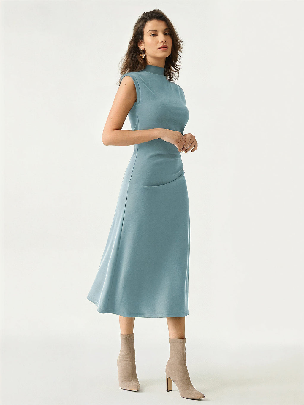 OGLmove Women's Mockneck Tucks Midi Dress