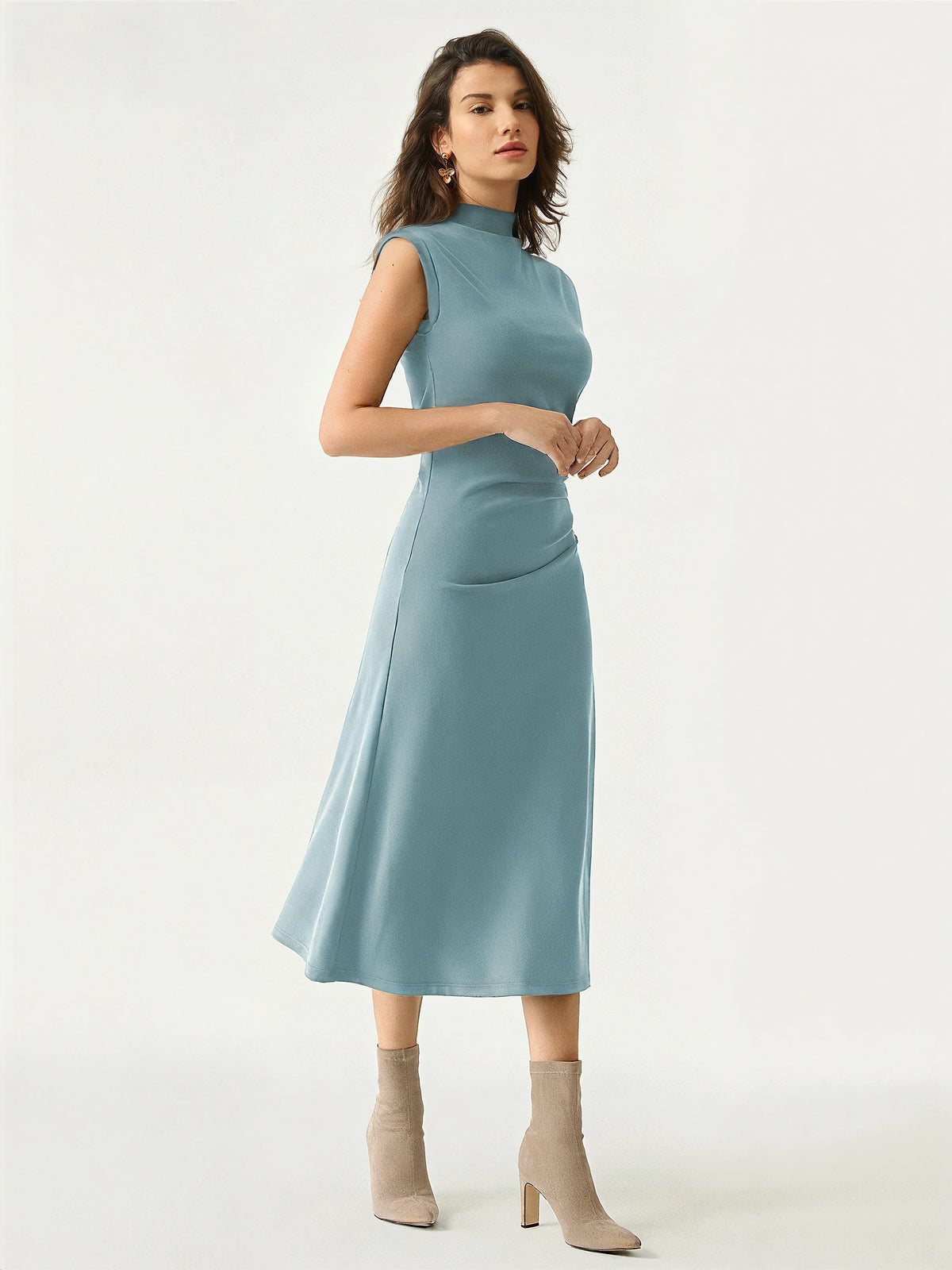 OGLmove Women's Mockneck Tucks Midi Dress