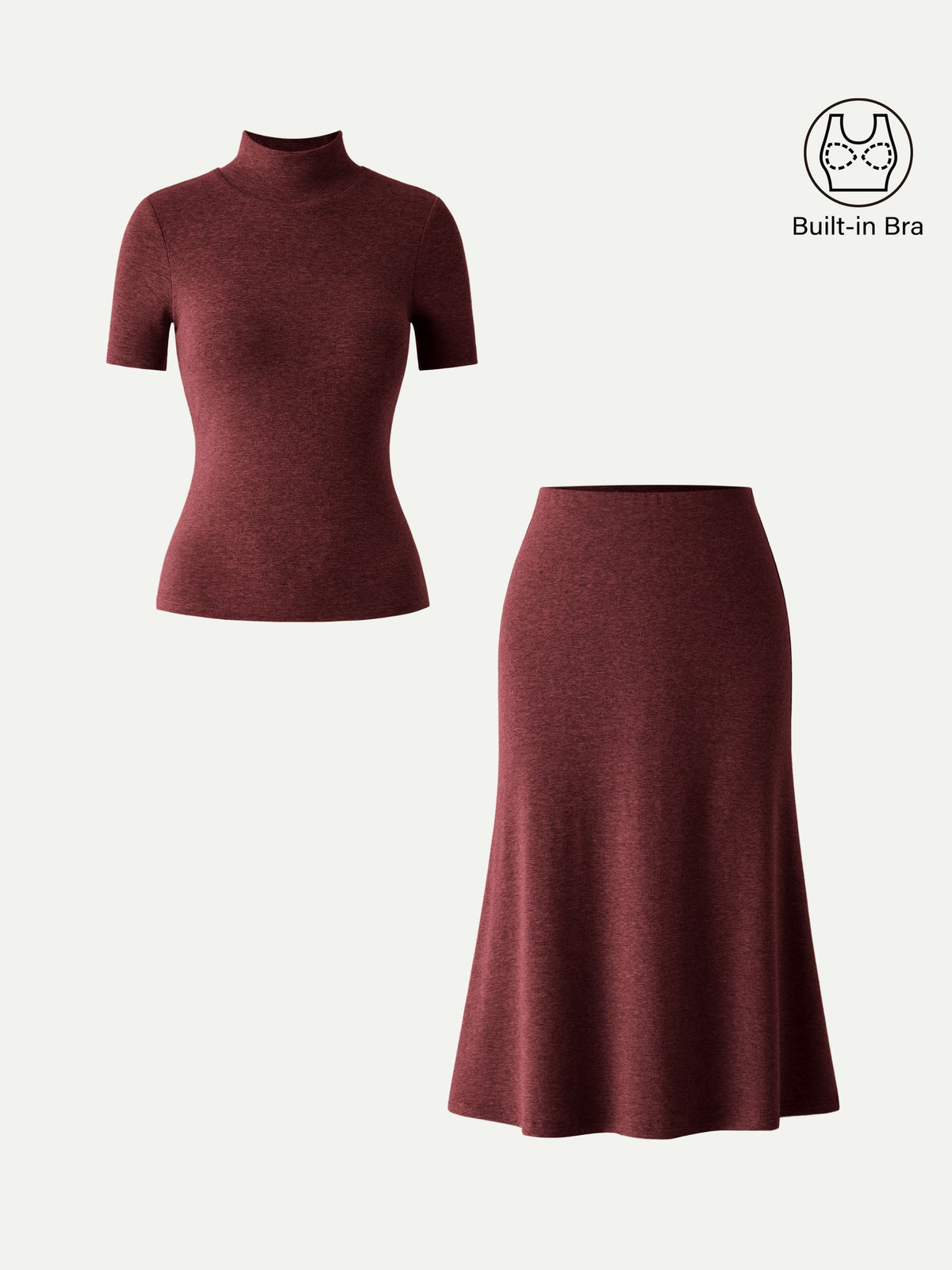 OGLmove Women's Mockneck Short Sleeve Bra Top & Pull-On Midi Skirt Set