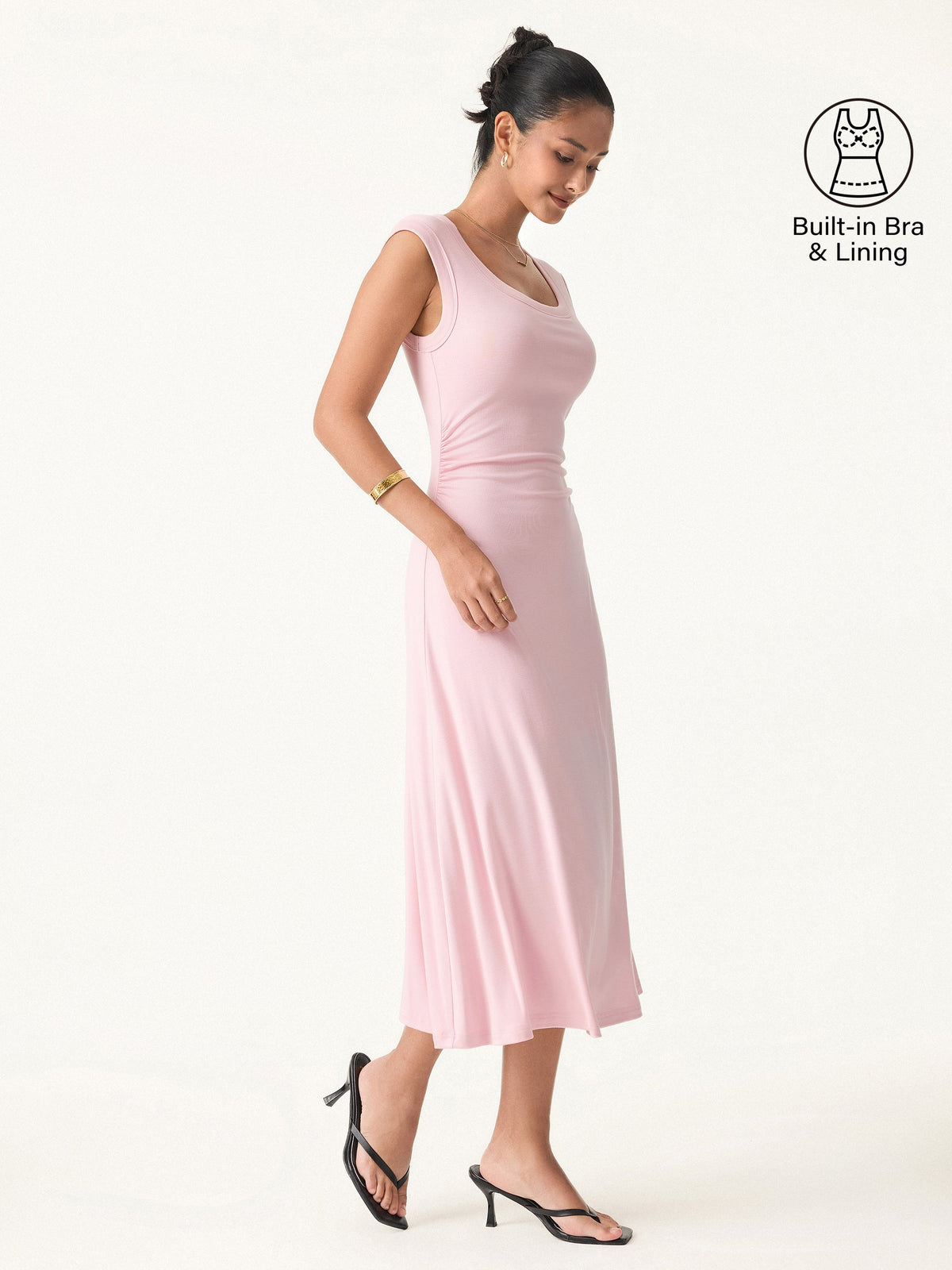 OGLmove Women's Scoop Neck Side Ruched New Airy Bra Midi Dress