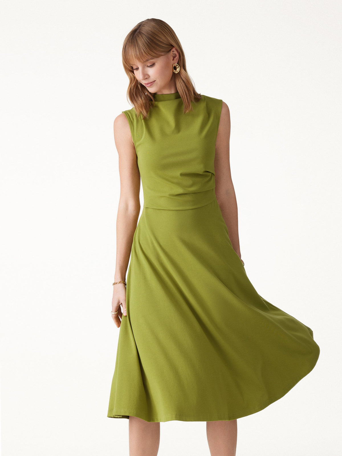 OGLmove Women's Viscose-Cotton Mock Neck Sleeveless Tucked Midi Dress