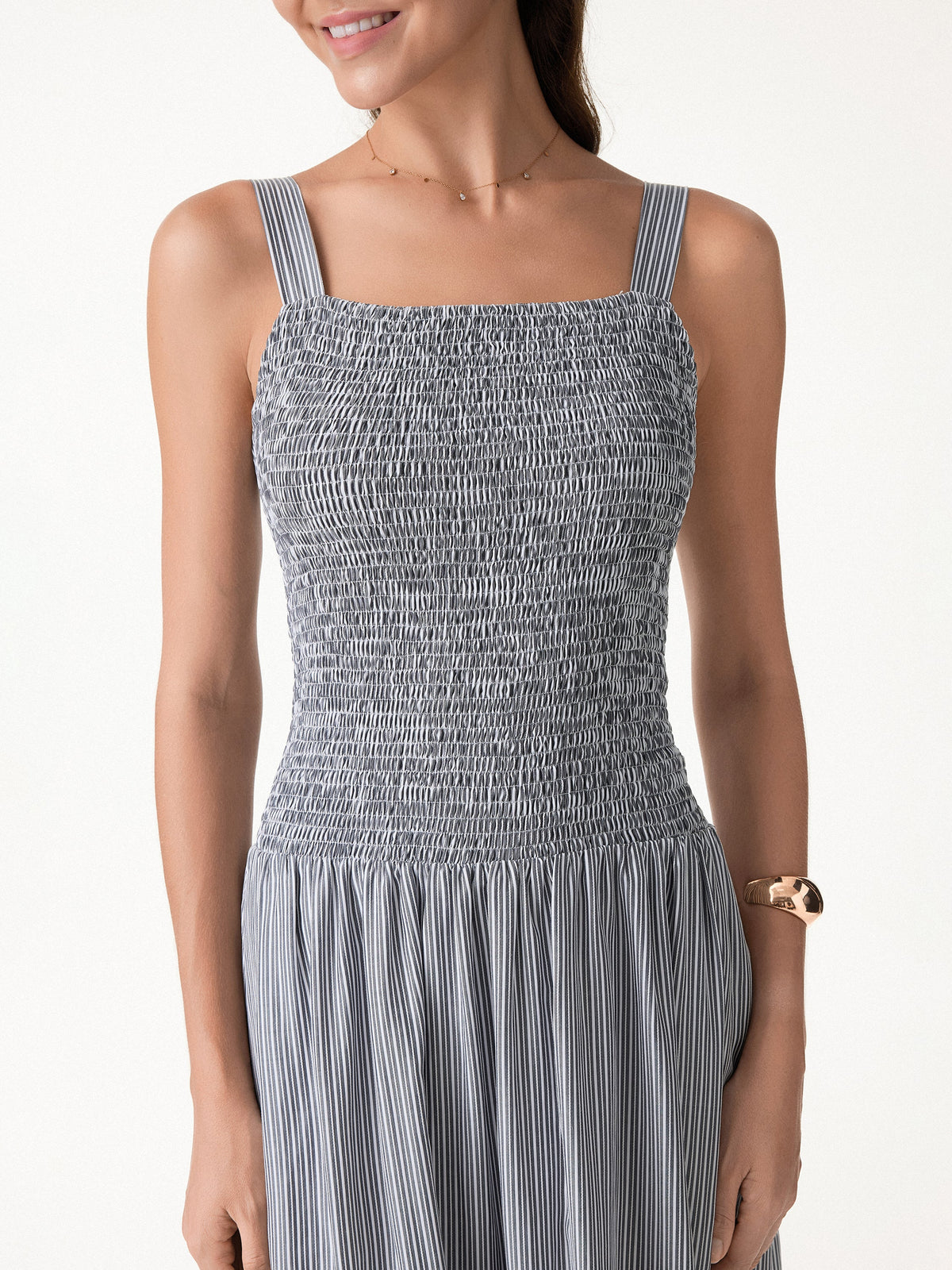 OGLmove Women's Striped Poplin Square Neck Smocked Midi Bra Dress