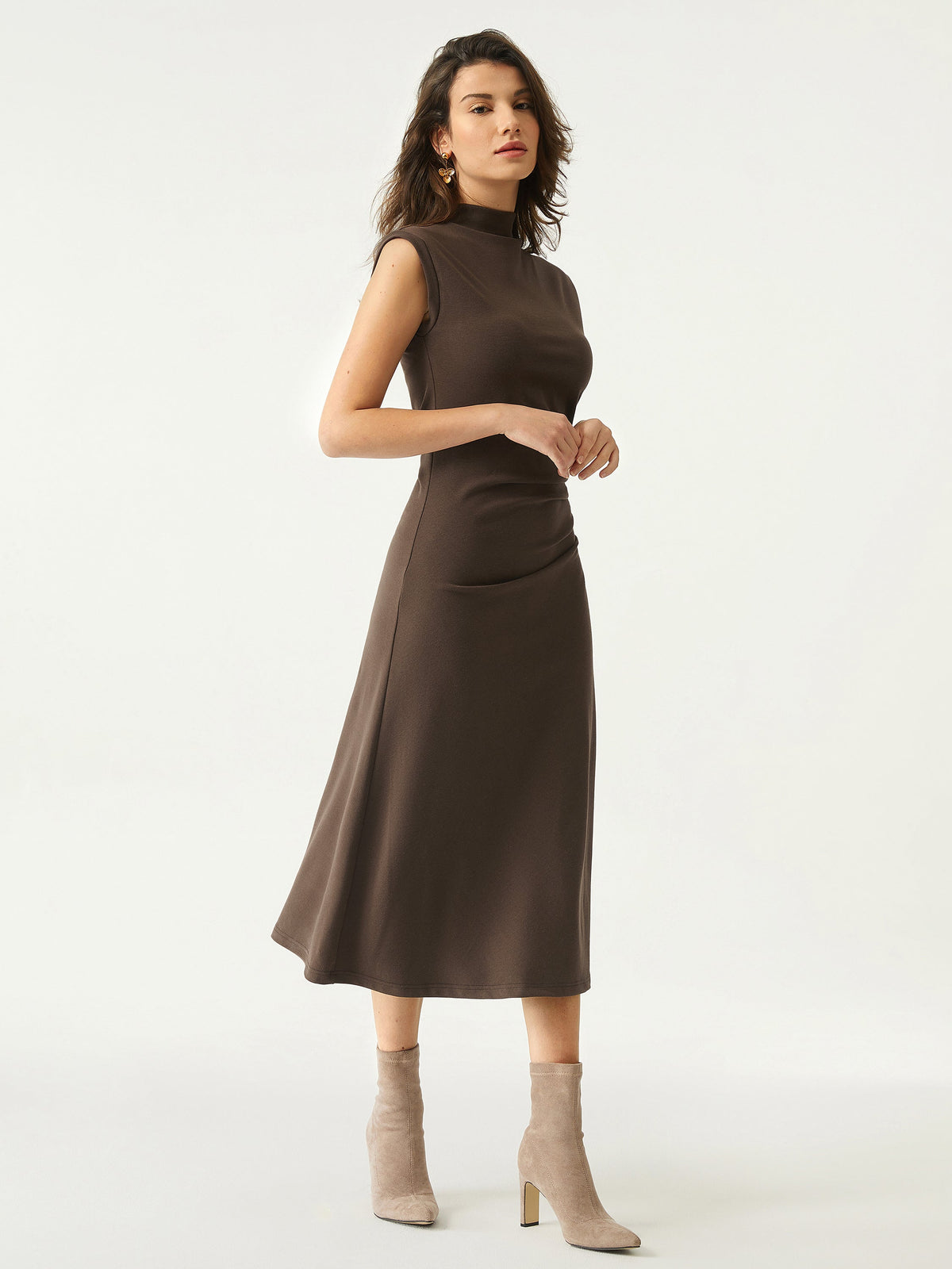 OGLmove Women's Mockneck Tucks Midi Dress