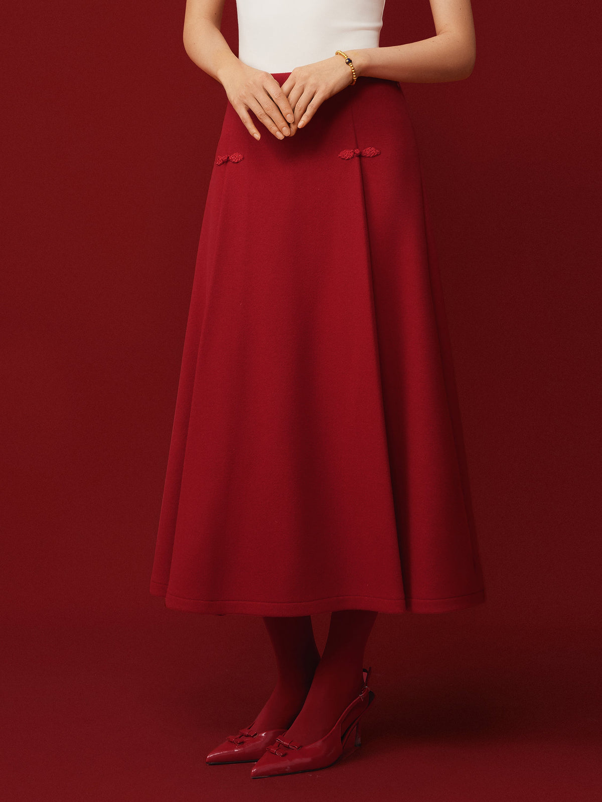 OGLmove Women's Wool-like Frog Button A-Line Midi Skirt