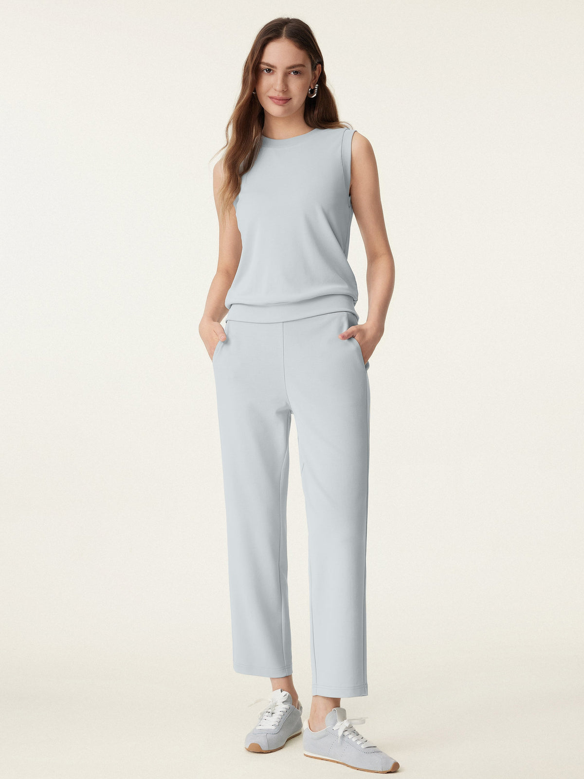 OGLmove Sandwashed Crewneck Tee & Mid Rise Tapered Pants Set with Pockets