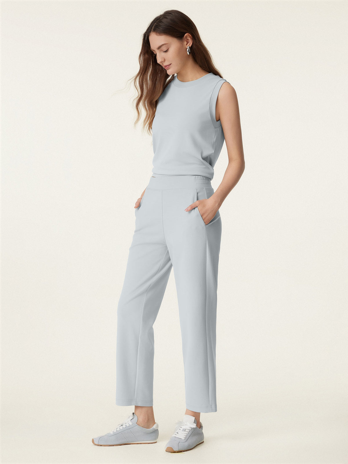 OGLmove Sandwashed Crewneck Tee & Mid Rise Tapered Pants Set with Pockets