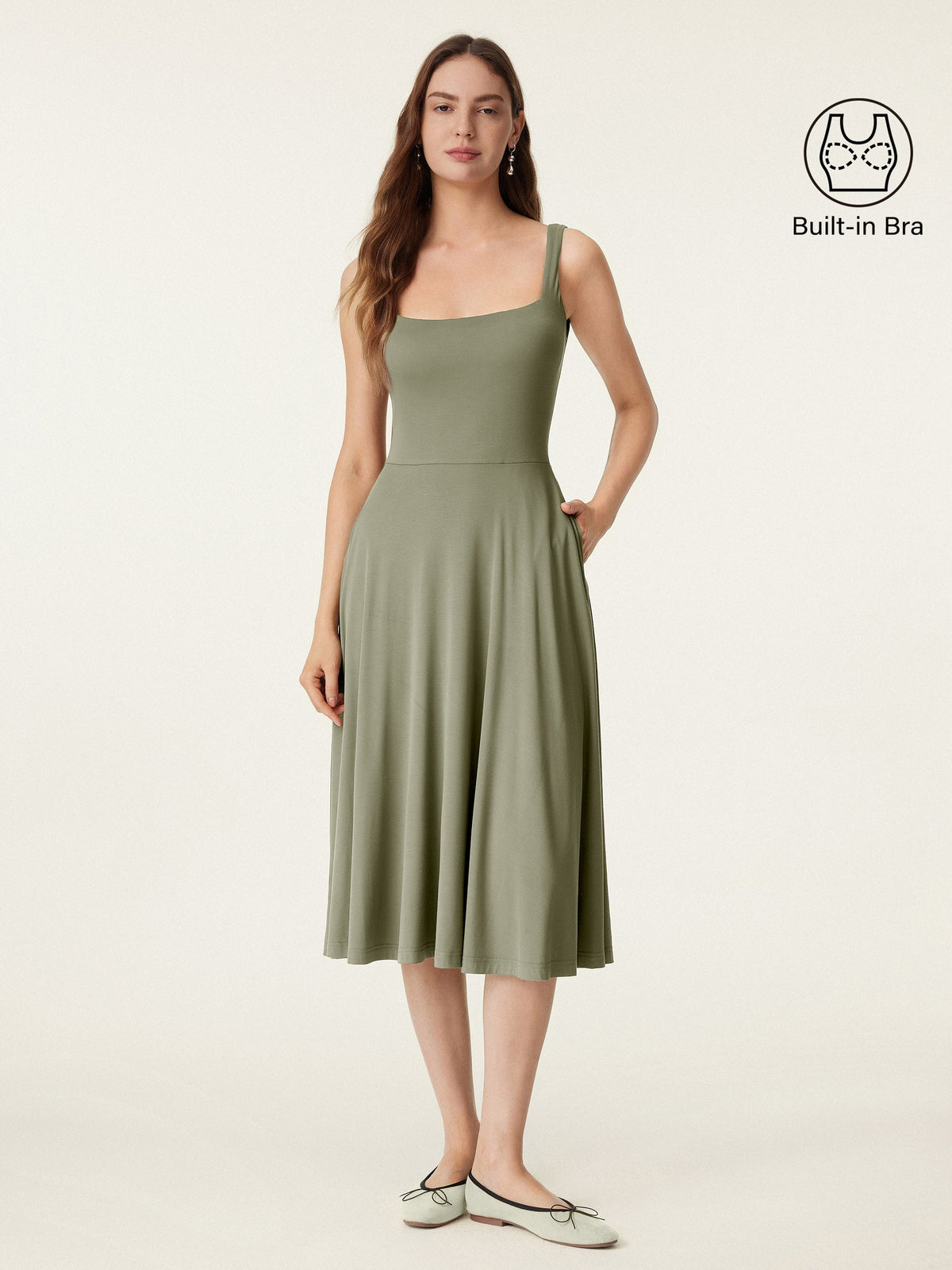 OGLmove Women's Square Neck Flowy New Airy Bra Midi Dress