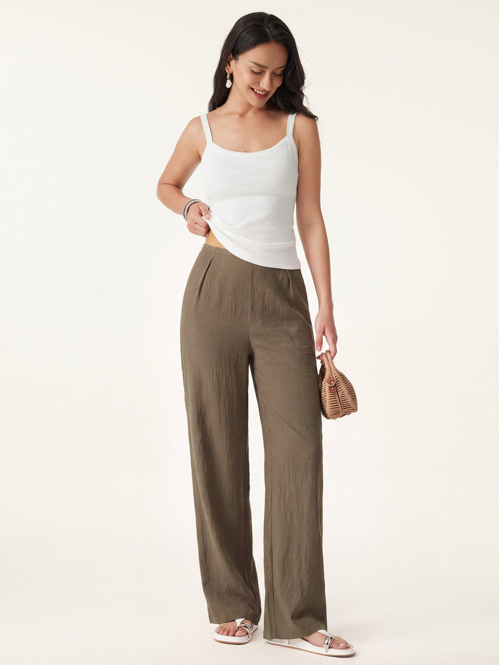 OGLmove Women's Breathable Cotton-Linen Mid Rise Straight Leg Pant