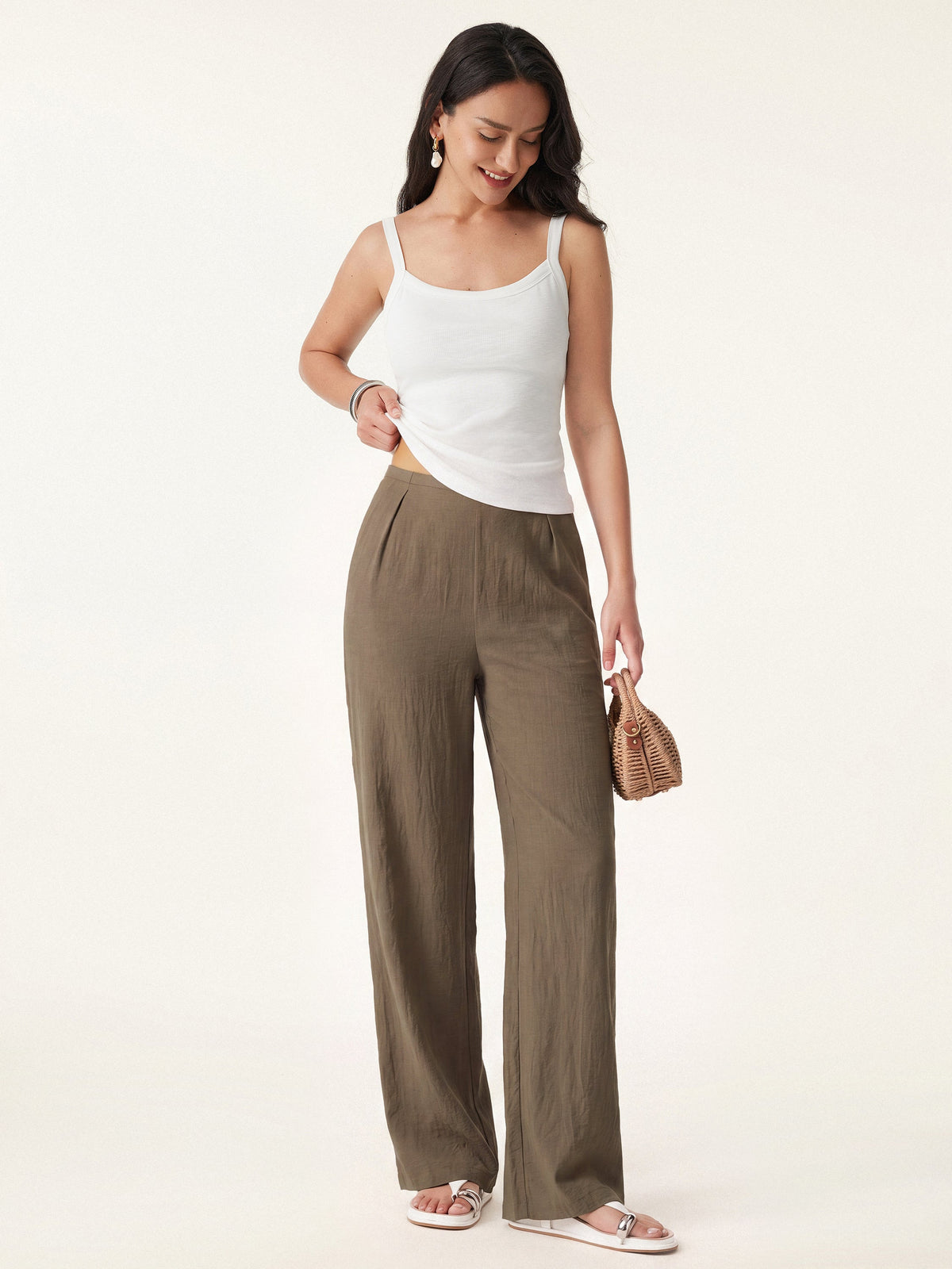 OGLmove Women's Breathable Cotton-Linen Mid Rise Straight Leg Pant