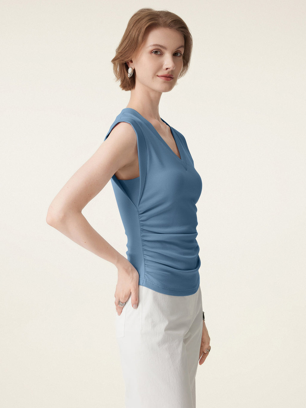 OGLmove Women's Stretch Cotton V-Neck Side Ruched Muscle Bra Top