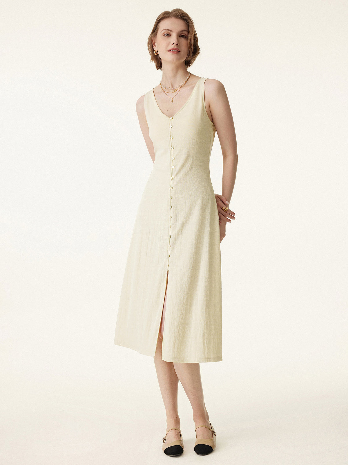 OGLmove Women's V-Neck Button Front Midi Vest Dress