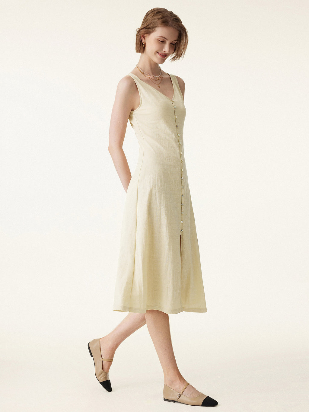 OGLmove Women's V-Neck Button Front Midi Vest Dress