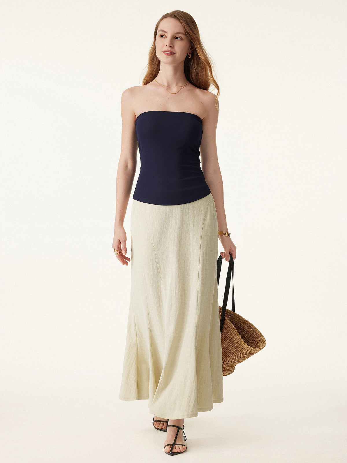 OGLmove Women's Wrinkle-Resistant Cotton-Linen Pull-On Midi Skirt