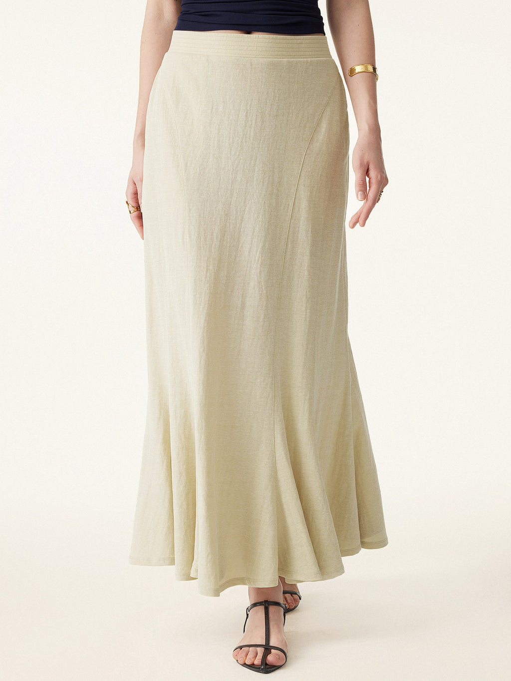 OGLmove Women's Wrinkle-Resistant Cotton-Linen Pull-On Midi Skirt